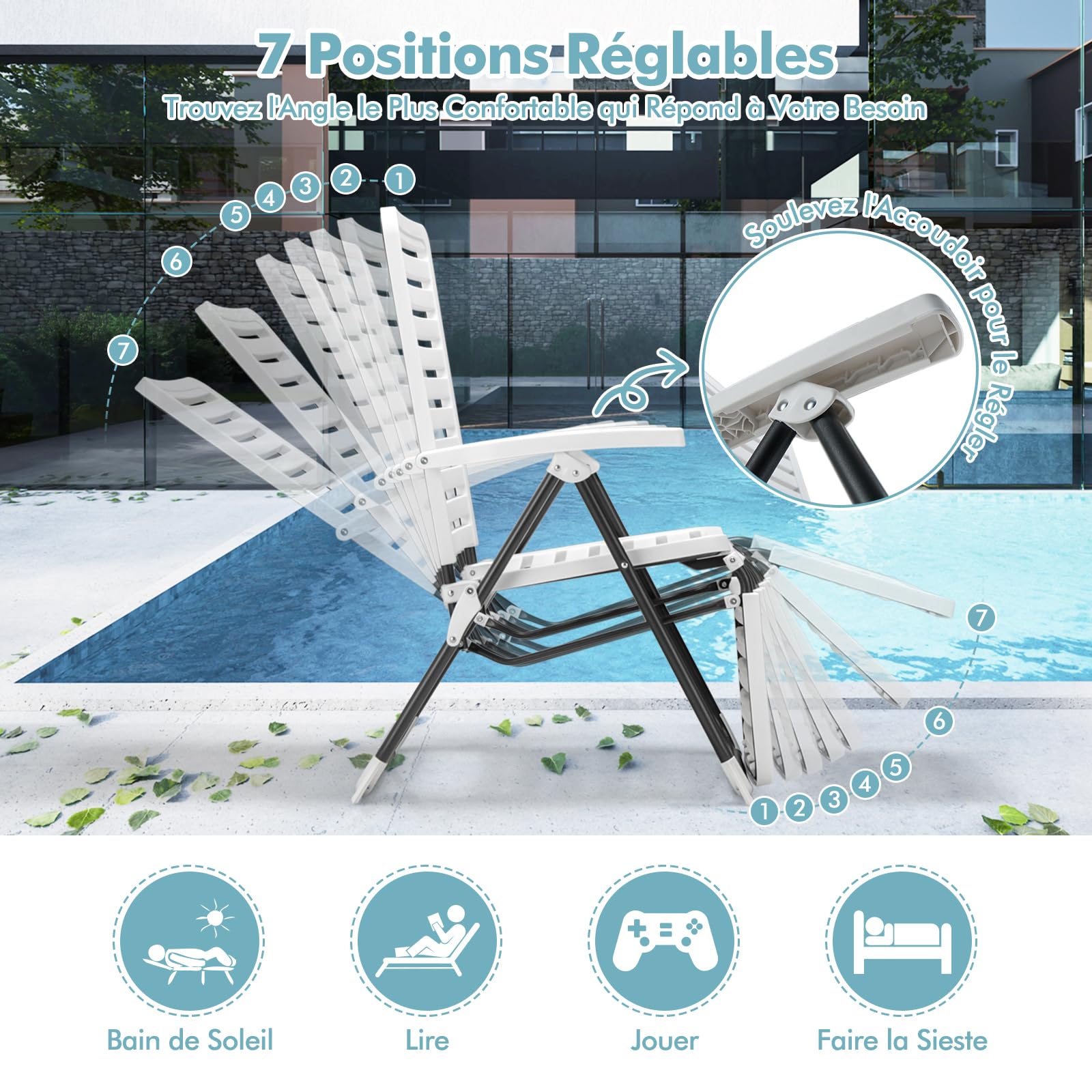 GOPLUS - Silla de relajación plegable, chaise longue con respaldo y reposapiés ajustables de 7 posiciones, sillón reclinable resistente a las inclemencias del tiempo, para terraza, jardín, piscina,