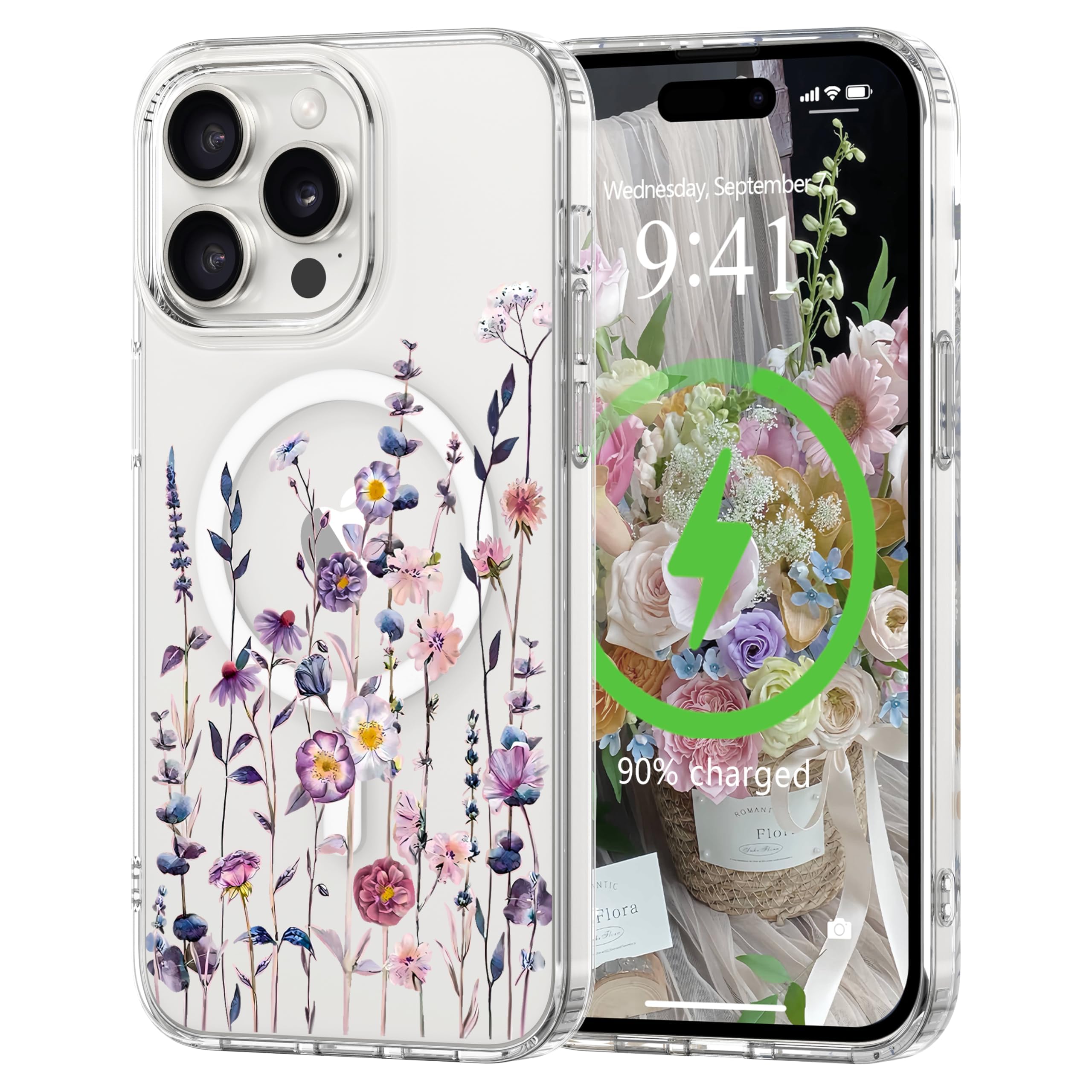 L-FADNUT for iPhone 15 Pro Case [Compatible with Magsafe], Cute Flower Girls Women Clear Case Silicone Shockproof Protective Cover with Pretty Floral