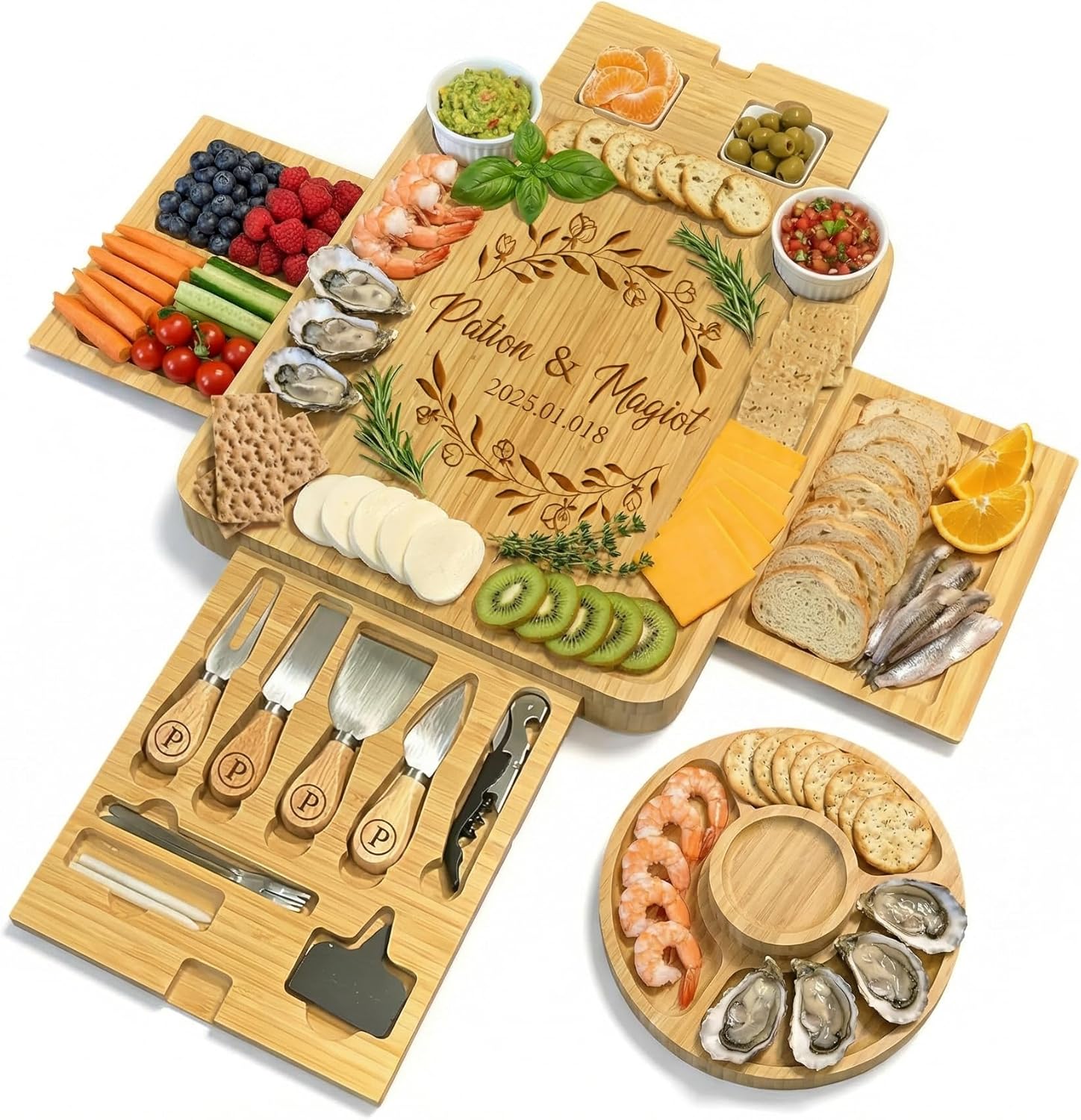 NBE Custom 4-Drawer Bamboo Cheese Board with Utensils Set, Personalized Charcuterie Boards Gift Set, Cheese Knives,House Warming Gifts New Home, Bridal Shower Gift, Birthday Gifts for Women