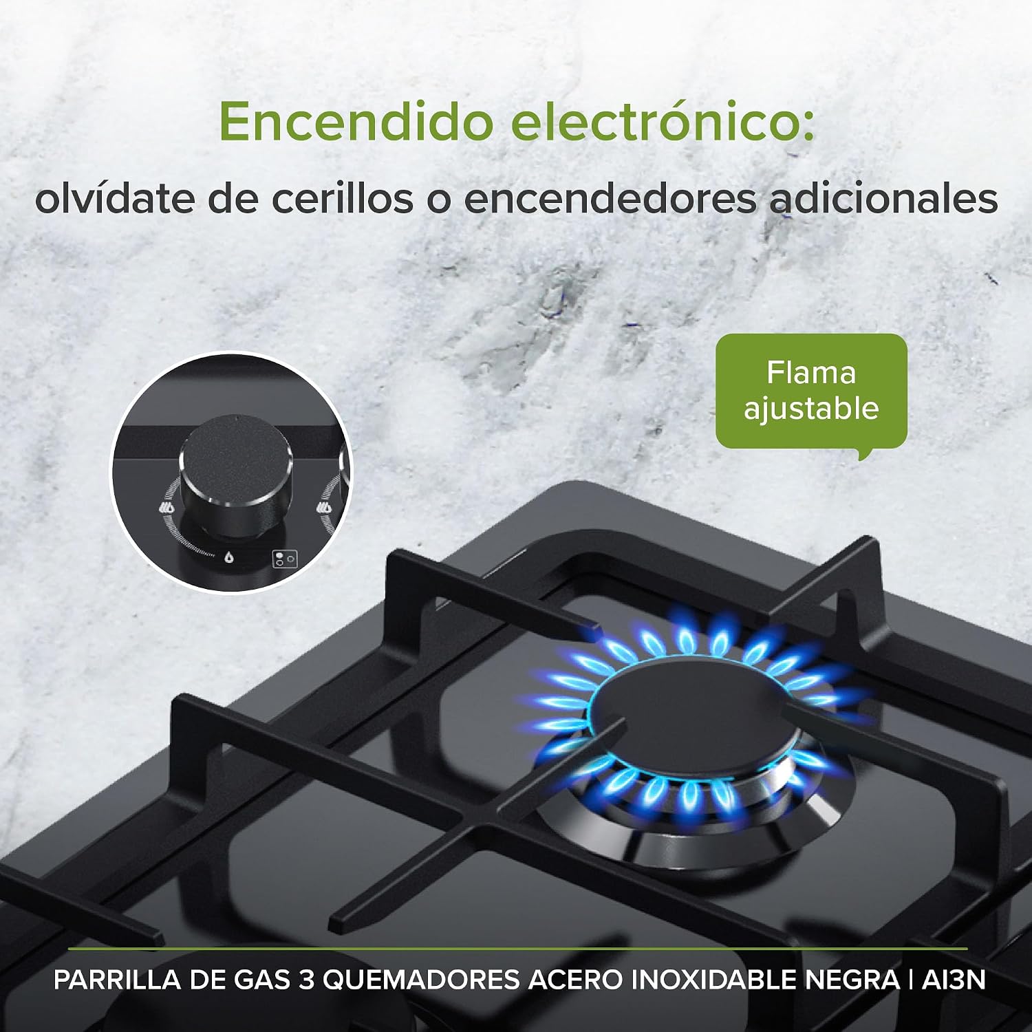 Close-up of the AVERA AI3N gas grill's electronic ignition knob and an ignited burner with an adjustable flame.