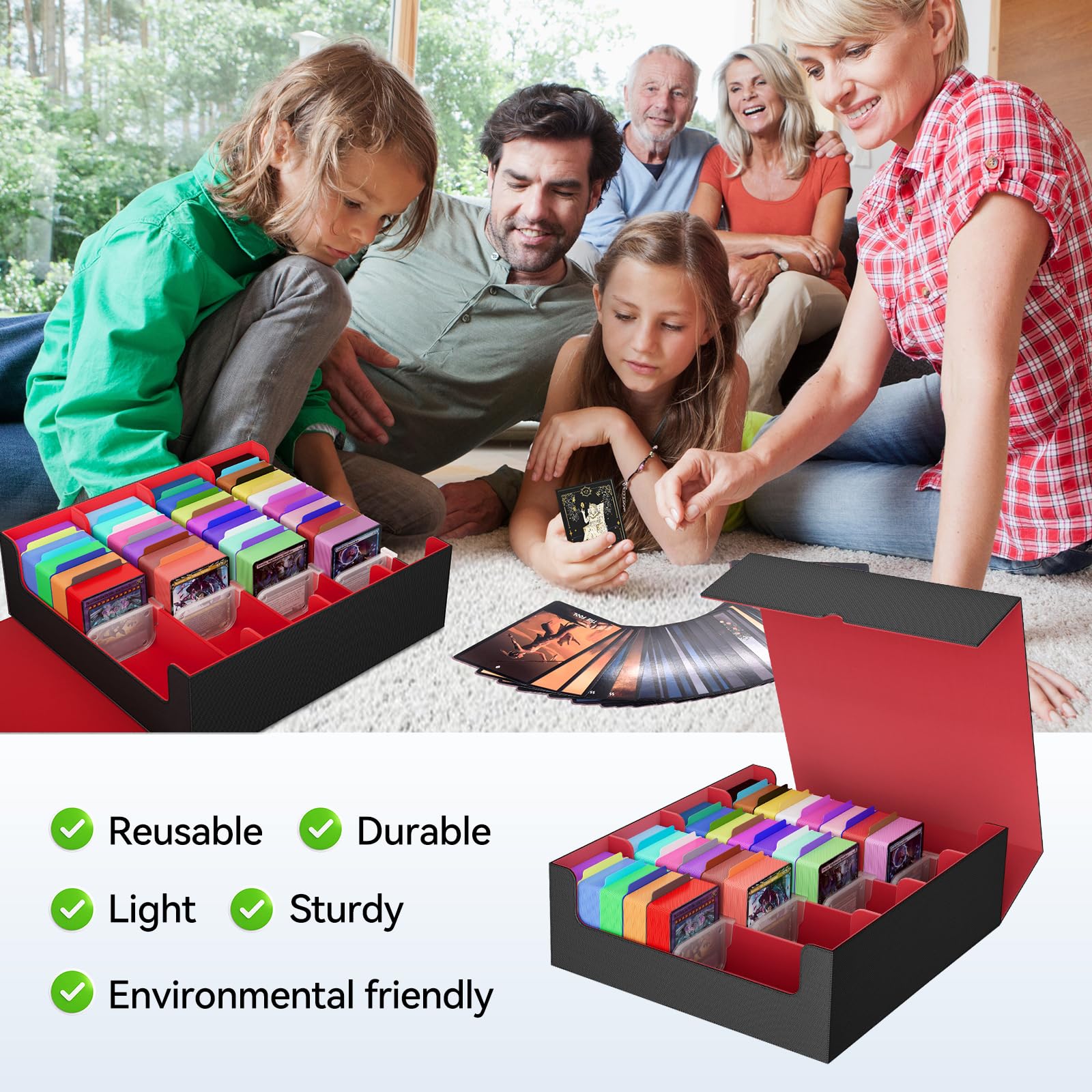 QCZBH Trading Card Storage Box,card storage box,Quadruple Mtg Deck Box Holds 3000+ Cards,PU Leather Magnetic Closure Card Deck Box for Magic Commander trading card box Deck Box Mgt?Black and Red