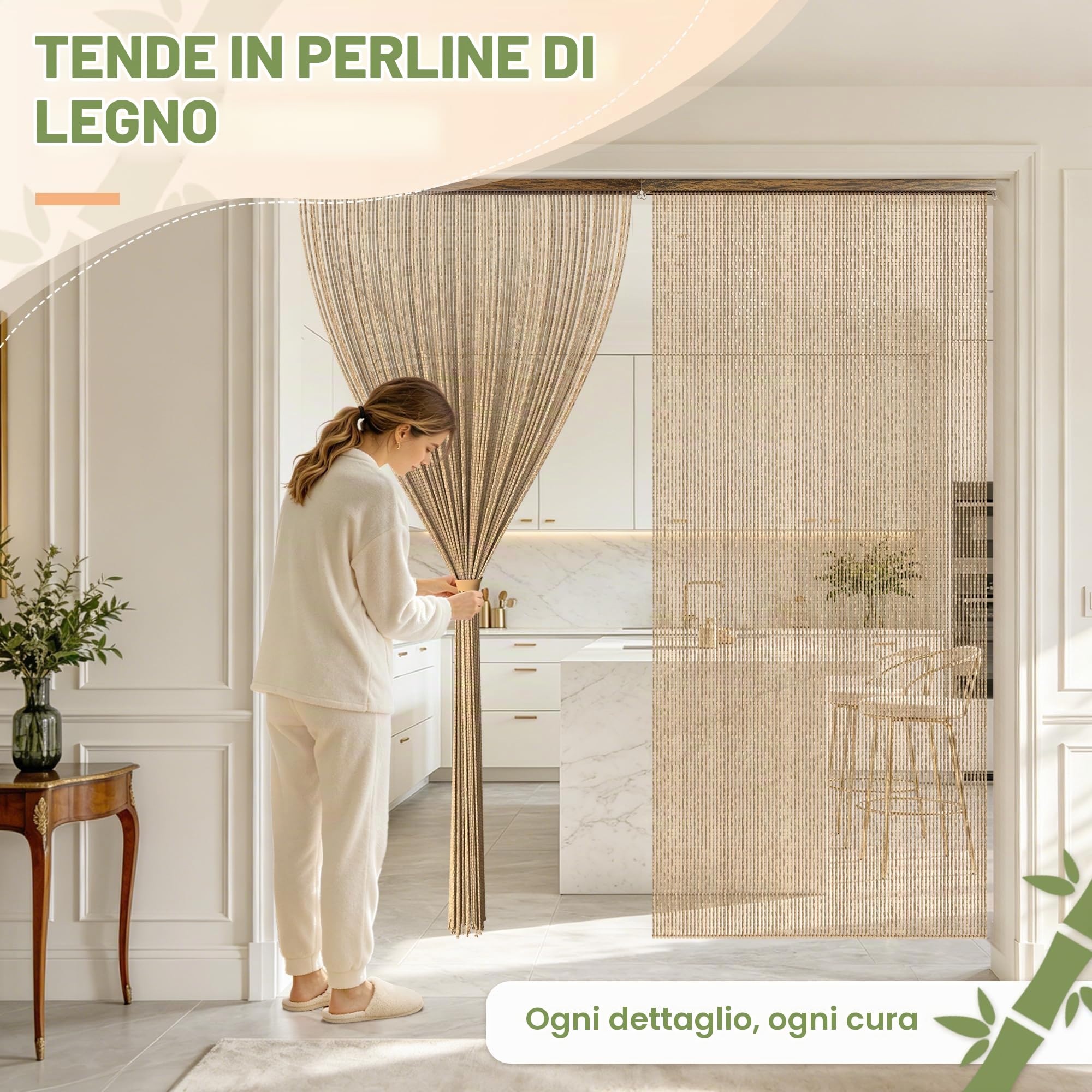 Tenda Perline Legno, Tende Bambu per Porta a 90 Fili per Interno | Decorativa Tendina Interni Divisorio per Soggiorno Camera da Letto Caffè Ristorante (Beige, 90x200cm, 90S)