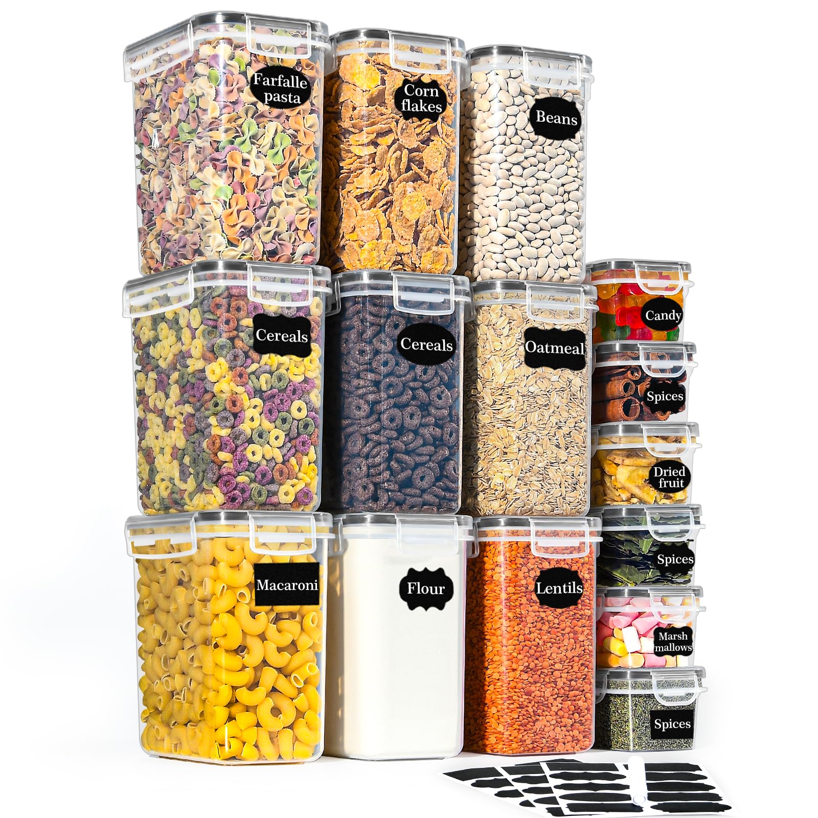 GoMaihe Contenitori Alimentari per Cereali Set 15 Pezzi, Ermetici, Plastica con Coperchio per Alimenti, Utilizzato per la Conservazione di Cereali, Muesli, Farina