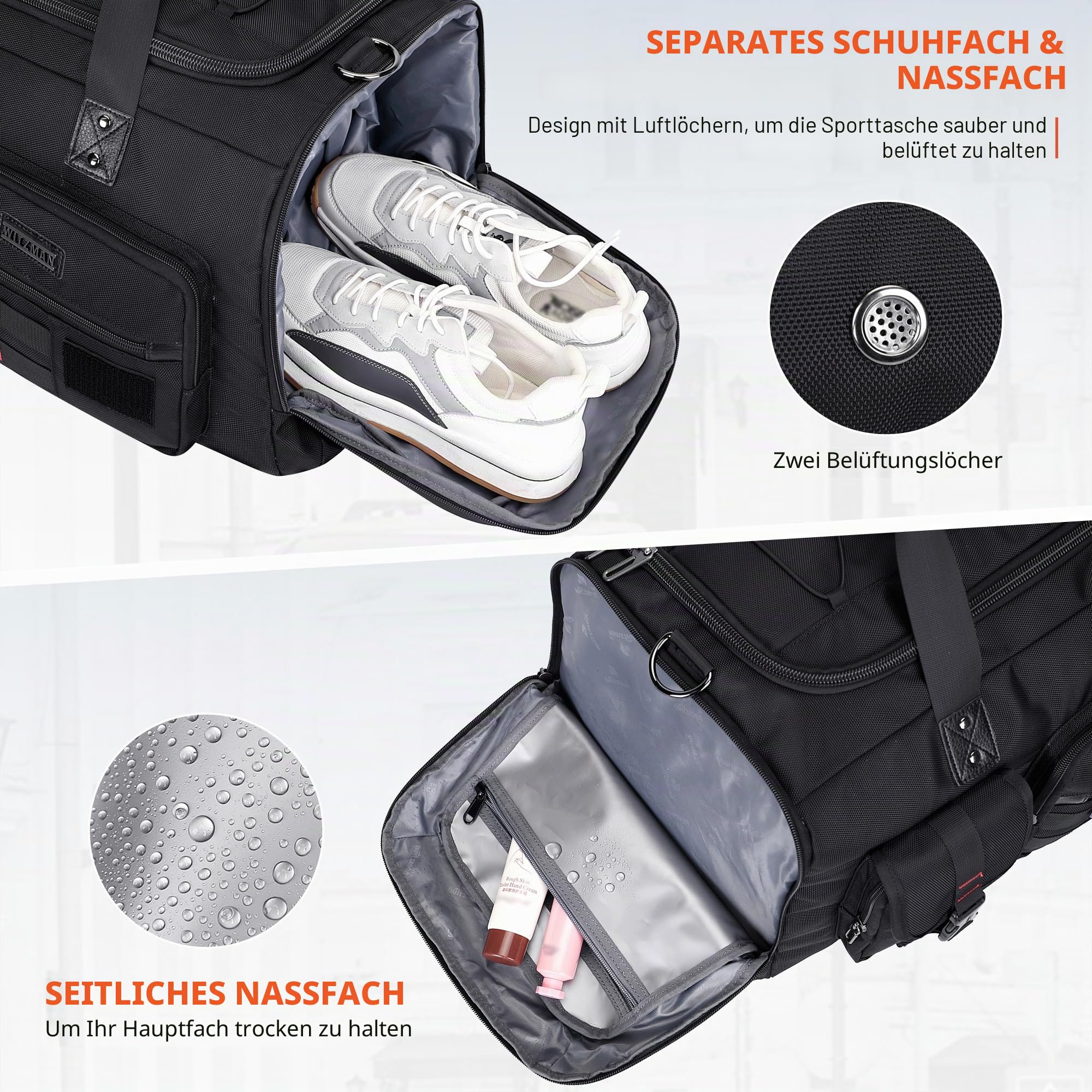WITZMAN Reisetasche Herren 45L Sporttasche groß mit Schuhfach Duffle Bag 3 in 1 Travel Gym Trainingstasche Herren Damen（B693 Schwarz