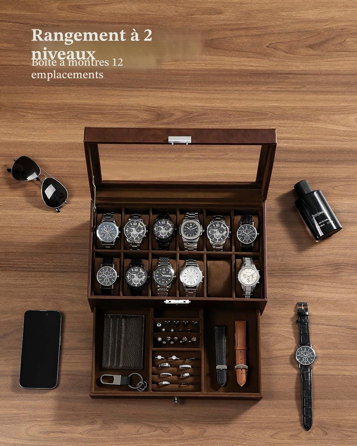 Boîte à montres pour 12 montres, à 2 étages avec couvercle en verre et tiroir, pour homme, avec serrure à clé, cadeau parfait pour homme, pour bagues, boutons de manchette et montres, marron