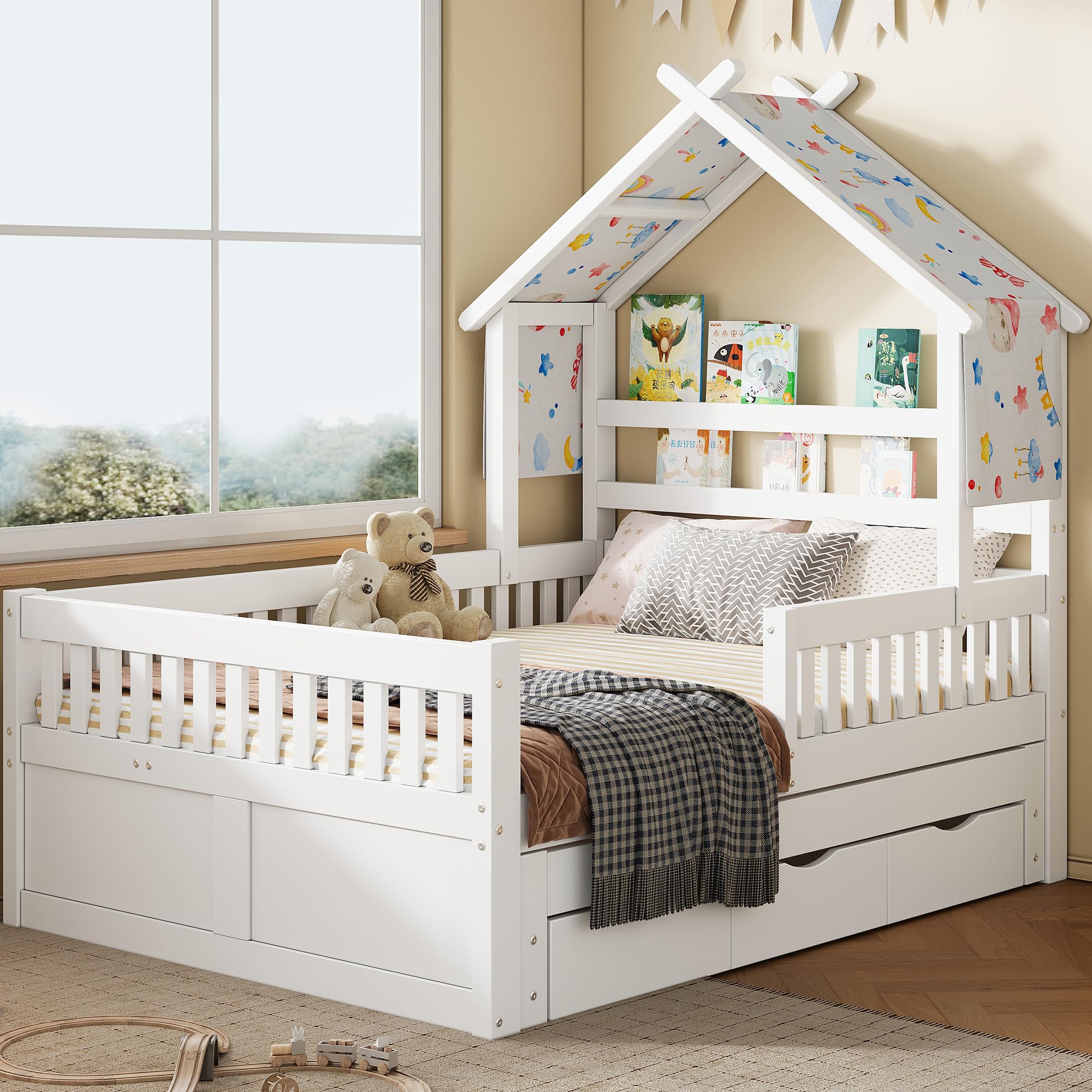 Soweiz Letto per bambini con protezione anticaduta, letto estraibile e scatole portaoggetti, in legno, 140 x 200 cm, letto per la casa dei bambini, letto stabile con design a tetto (bianco)