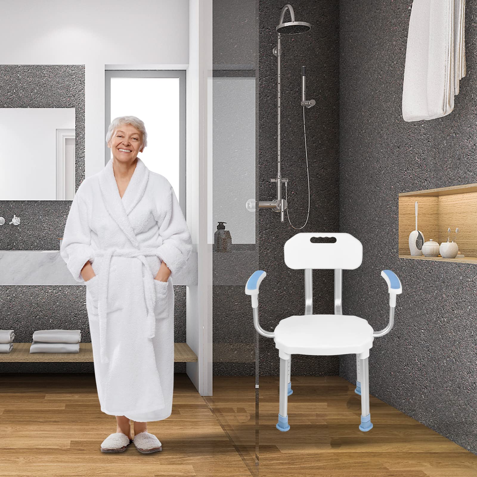 NAIZY Sgabello da doccia sedia da doccia 70-90 cm regolabile in altezza sgabello da bagno ausilio per la doccia sedile doccia antiscivolo in alluminio e plastica(tipo B, con schienale/braccioli)