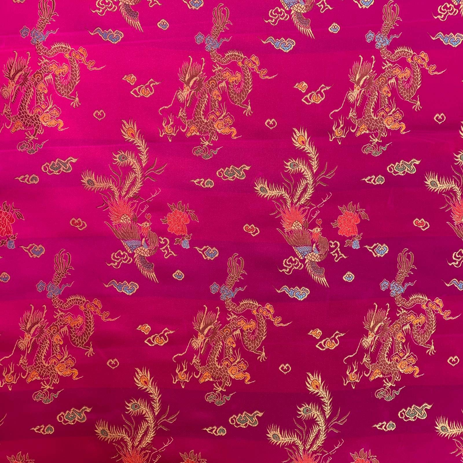 Brocade Chinese Dragon Embroidered Silky Satin Oriental Craft Dress Fabric Material | 36" - 90cm Wide | Sold Per Metre (Cerise Pink)