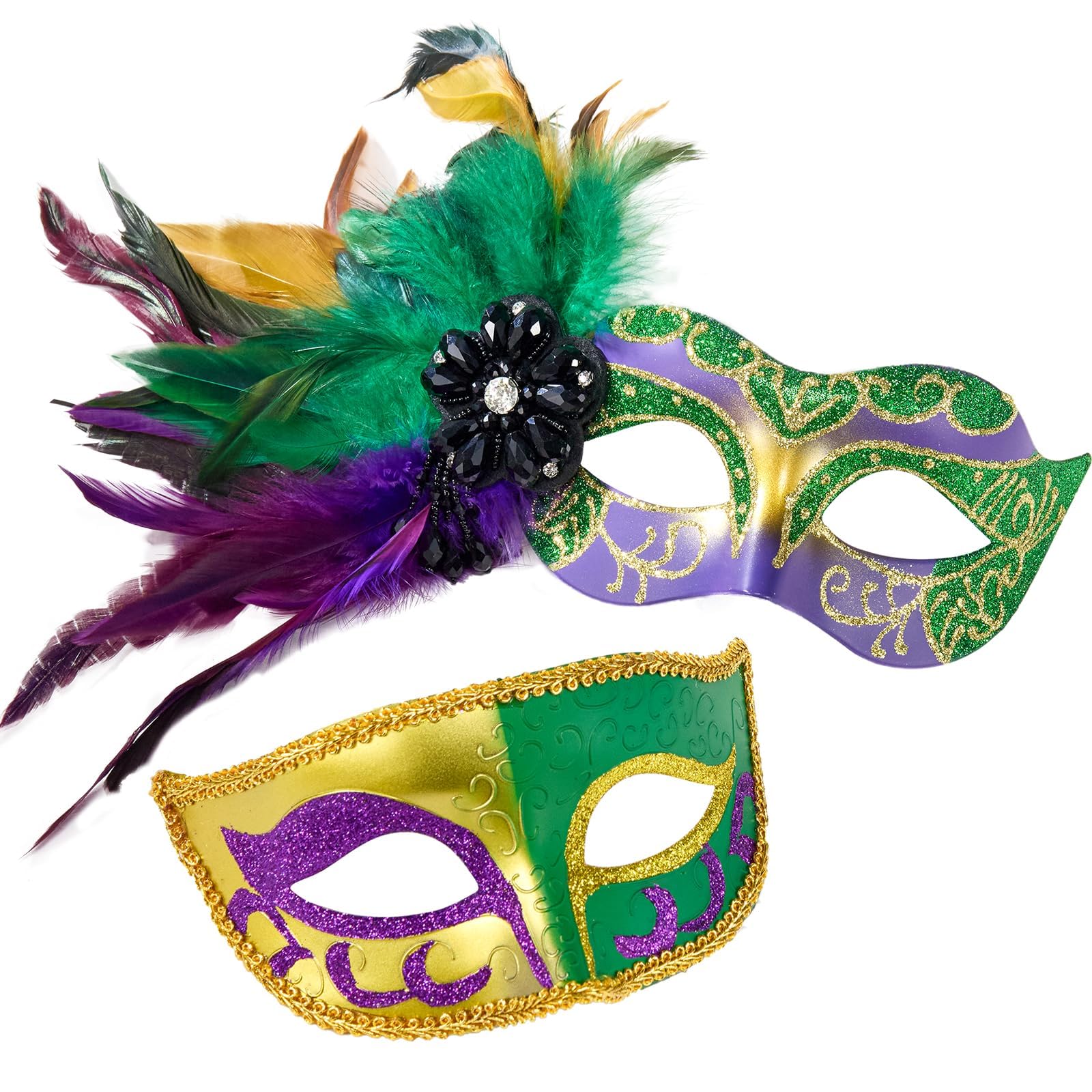 MYSEUNI 2025 New Masquerade Mask with Feather for Couples - Women's Masquerade Mask with Feather & Men Venetian Costume Mask