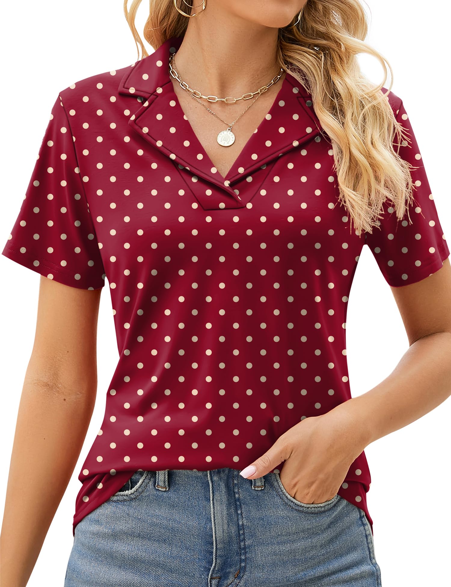 Rapbin Women's Polo Shirts Lapel Collar V Neck Short Sleeve Blouse Dressy Casual Tunic Tops