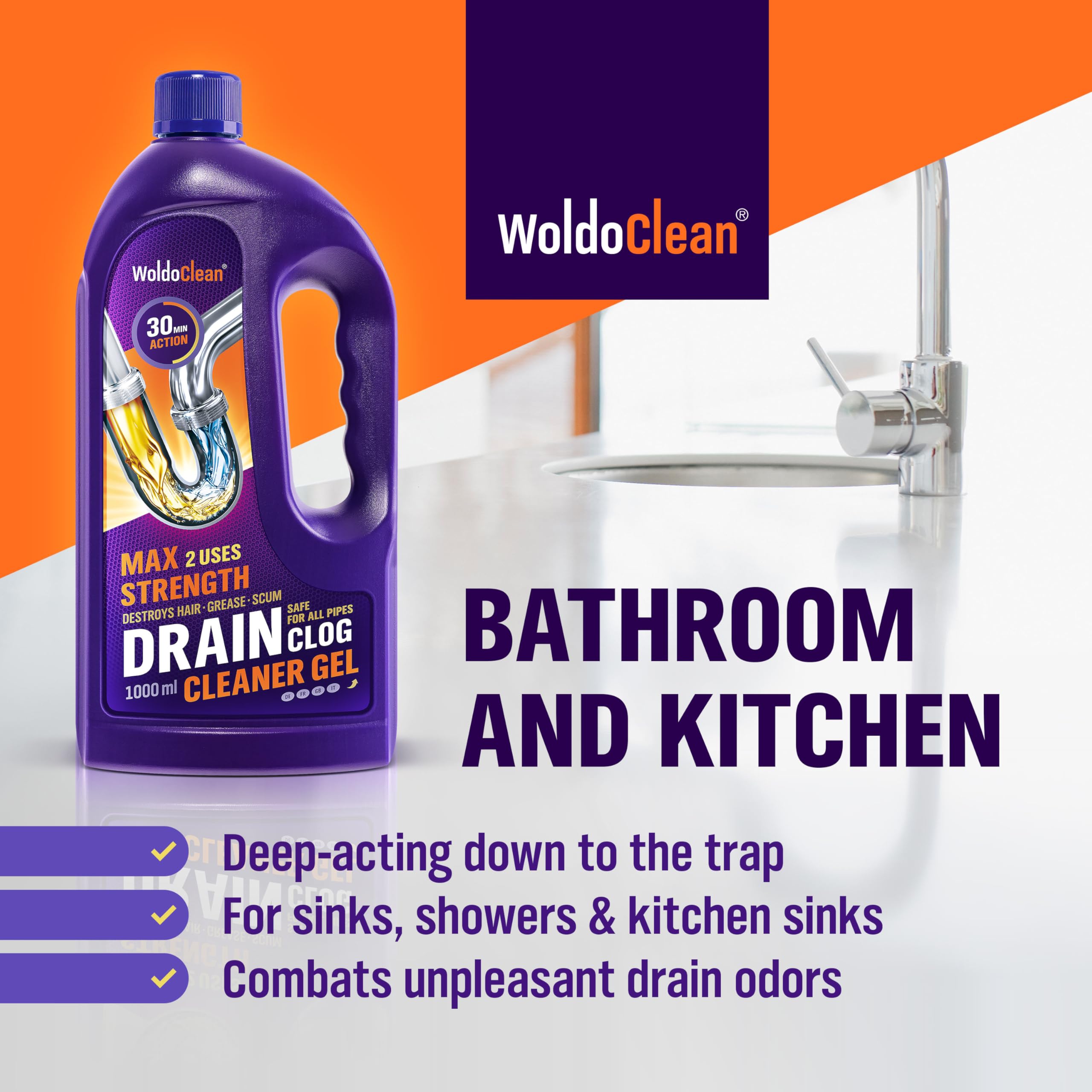 WoldoClean Gel Stura Lavandini e Scarichi 1000ml - Idraulico Liquido Disgorgante Professionale contro Capelli e Grasso, per Doccia e Lavandino, Penetra nell'Acqua Stagnante