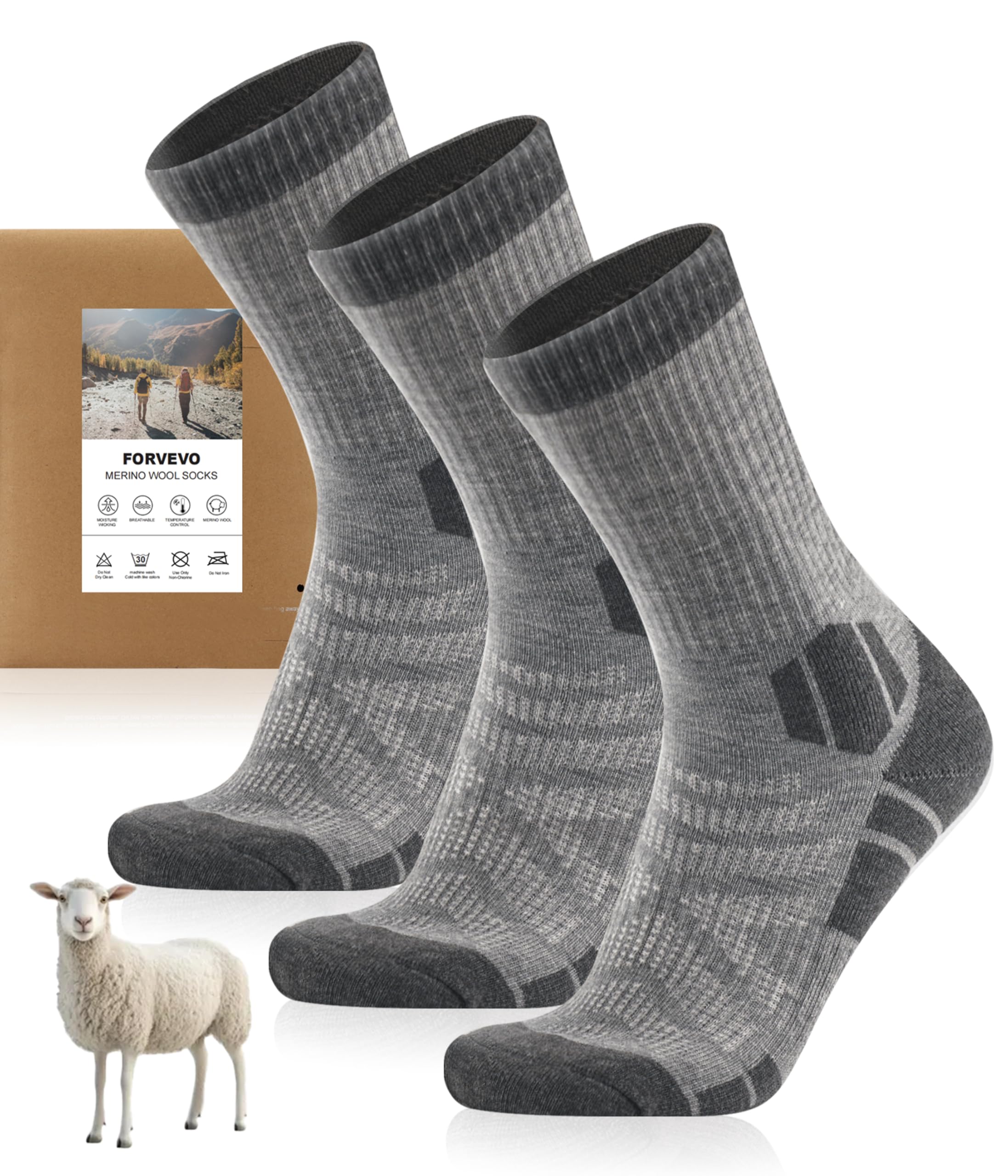 FORVEVO Merino Wandersocken Herren Damen 3 Paar, 60% Wollsocken Herren Gepolstert, Thermo Wintersocken, Sportsocken für Trekking Outdoor