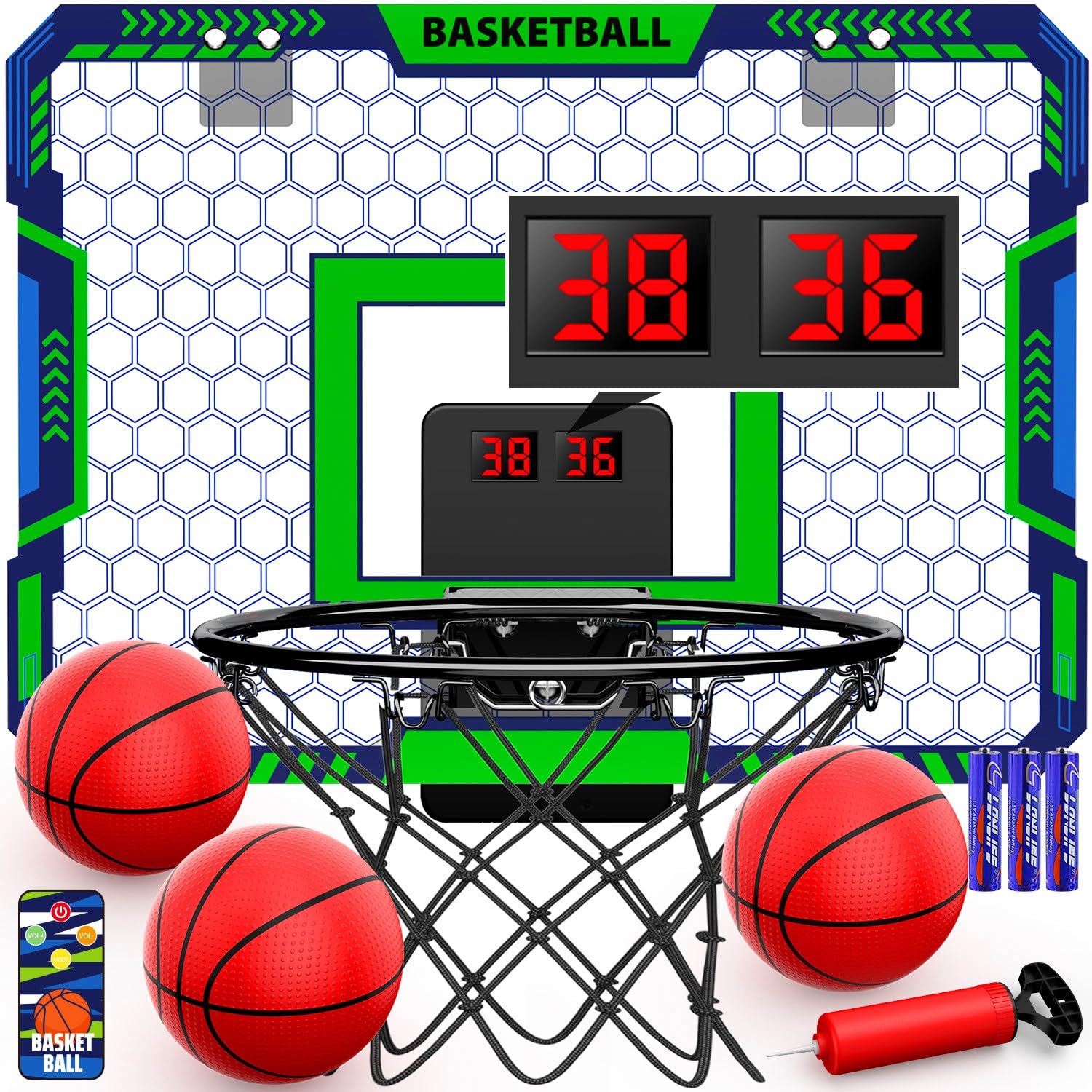 Indoor Basketball Hoop for Kids, Over The Door Mini Basketball Hoop with Scoring & Countdown, Remote Control, 3 Balls & Sound Effects, Birthday & Christmasl Toys Gifts for 4-12 Year Old Girls Boys