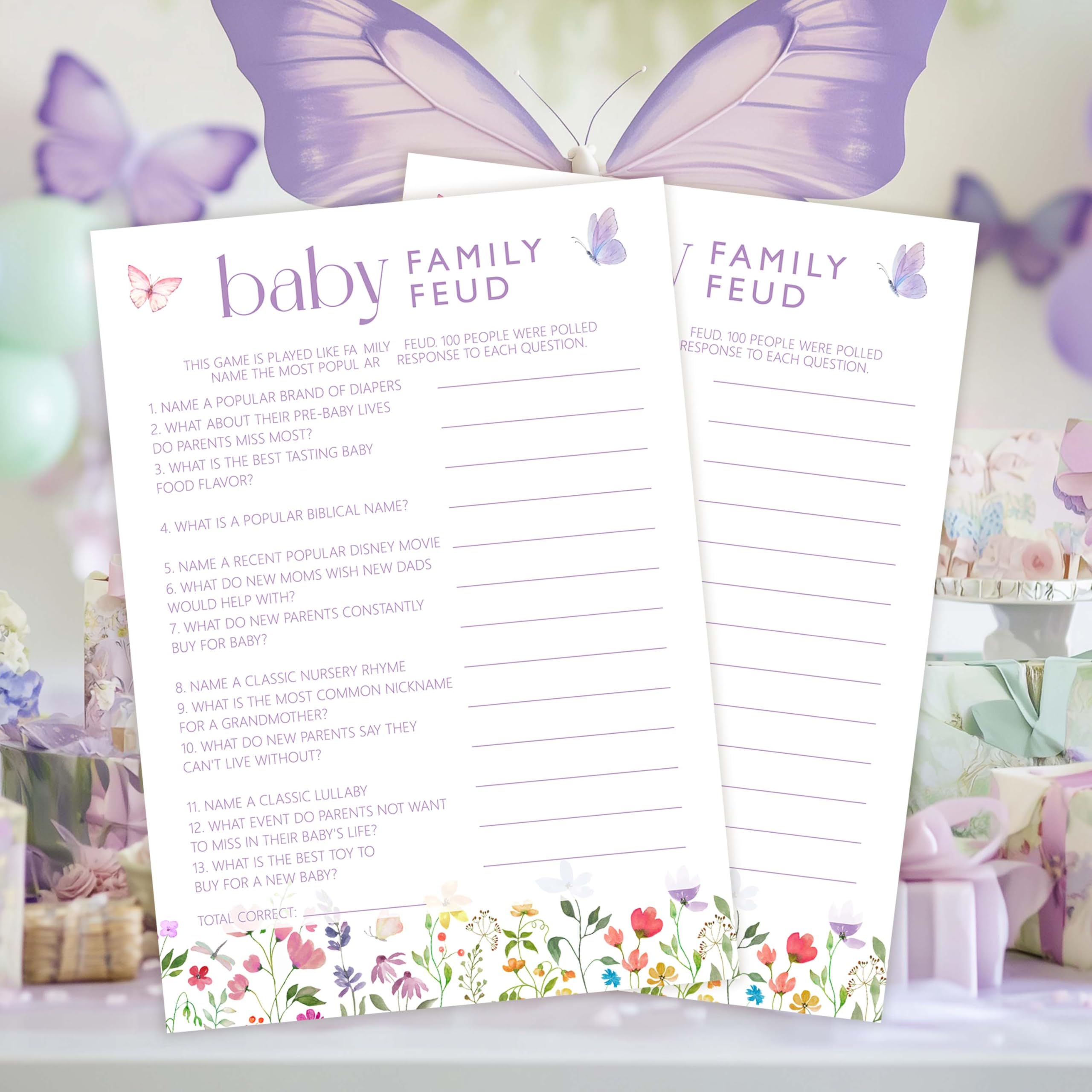 Cazhes Shower Games, 30 Butterfly Family Feud Game Cards + 1 Answer Card, Spring Gender Reveal Party Decorations Supplies Favors - G06