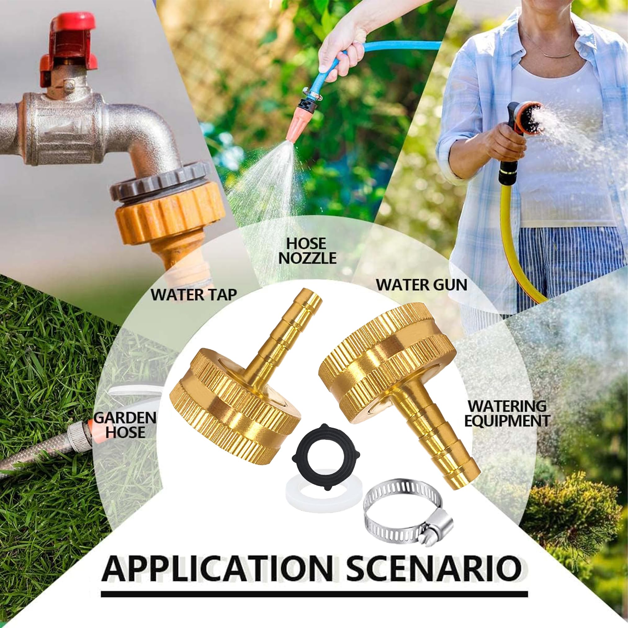 AOPANDA Conector de manguera de jardín de 1/4 pulgadas x 3/4 pulgadas hembra GHT rosca de latón macizo, kit de reparación de manguera de agua hembra de 4 piezas, con abrazadera de acero inoxidable