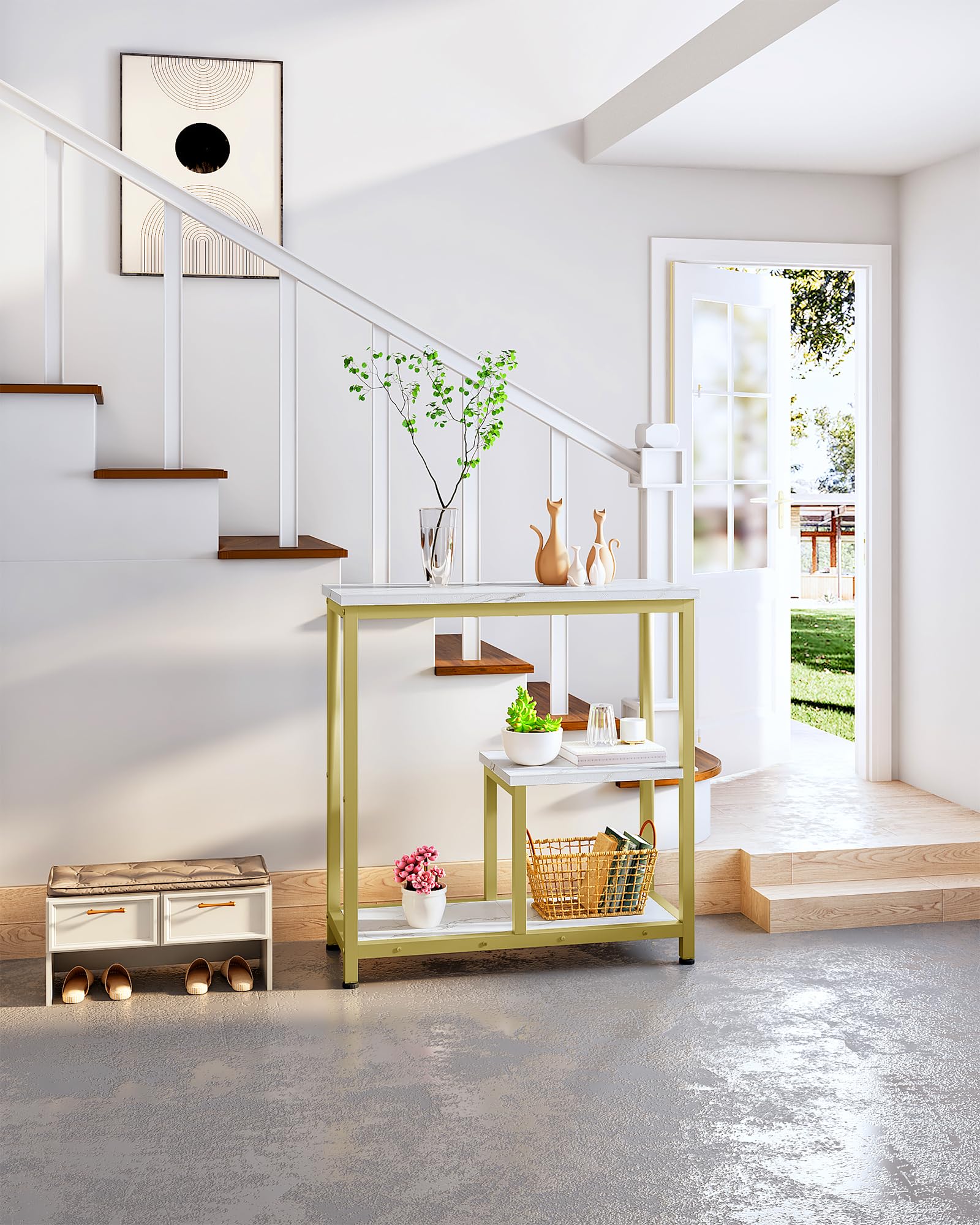 CHOEZON Konsolentisch, 3-stufige Eingangskonsole, moderner Beistelltisch, mit Marmorstrukturfurnier, Metallrahmen, für Eingangsbereich, Wohnzimmer, Flur, Esszimmer, Marmorweiß und Gold DTXG03DJ