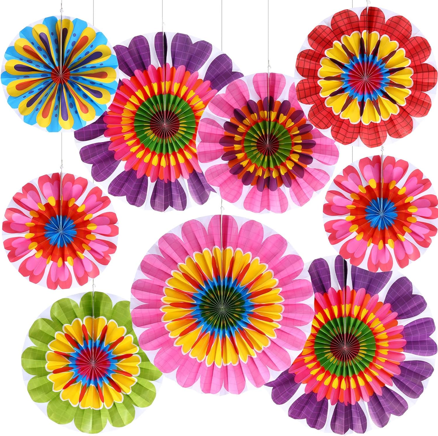 Outus 9 Pcs Spring Summer Flower Hanging Paper Fan