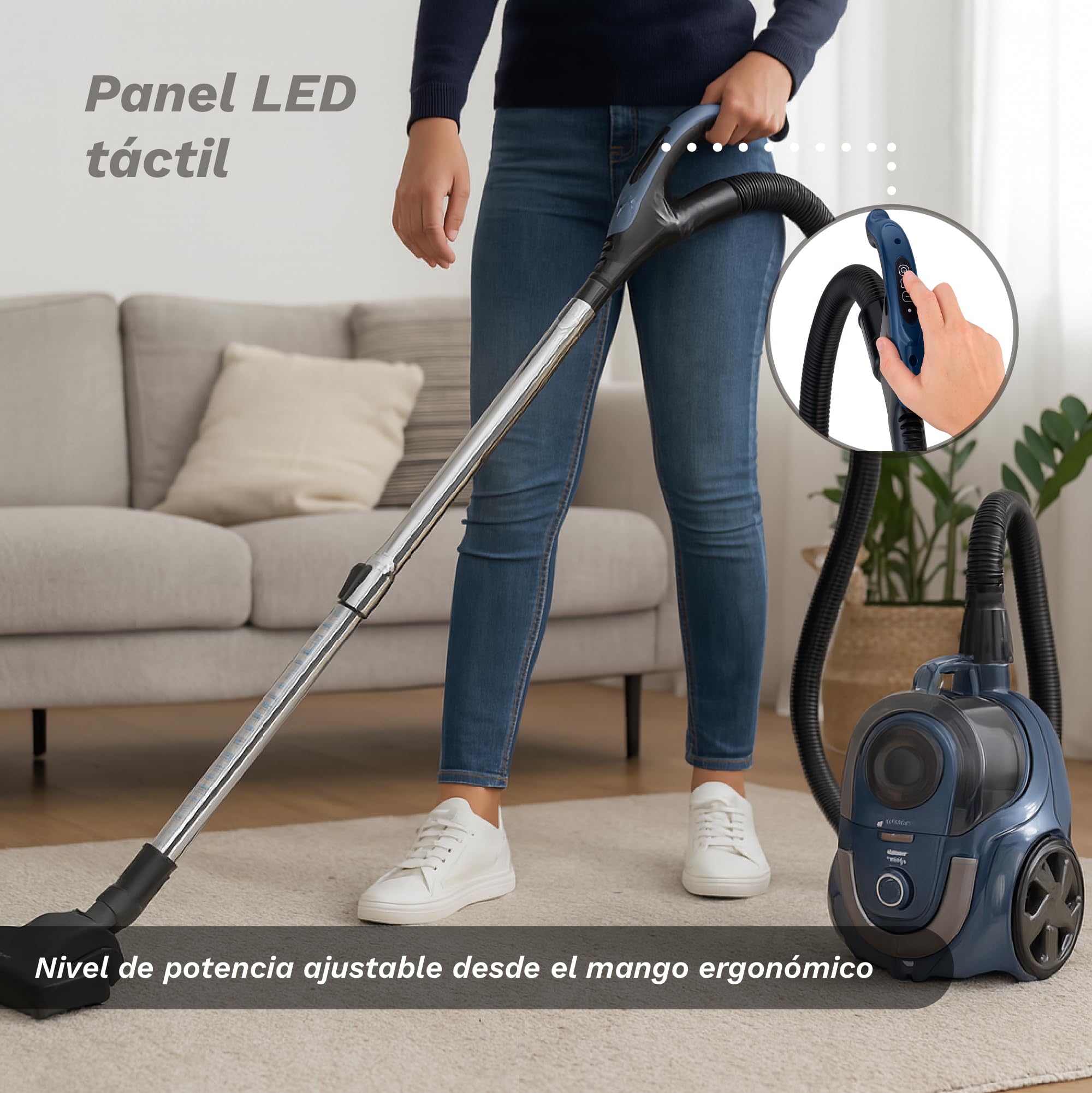 Grunkel Aspiradora de Trineo sin Bolsa 2,2 L 700W NOVAVAC | Tecnología Ciclónica 19KPA | Control Táctil en Mango | Filtro HEPA Lavable | Depósito Fácil Vaciado | Potencia Ajustable | Cable Automático