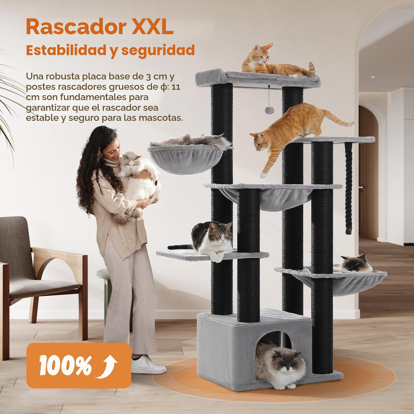PAWZ Road Rascador para Gatos Grandes Estable con Varios Niveles, rascador Grande con Hamaca, 13 Postes de sisal (Dia 11 cm), Gran Barra de Asiento, rascador XXL 169