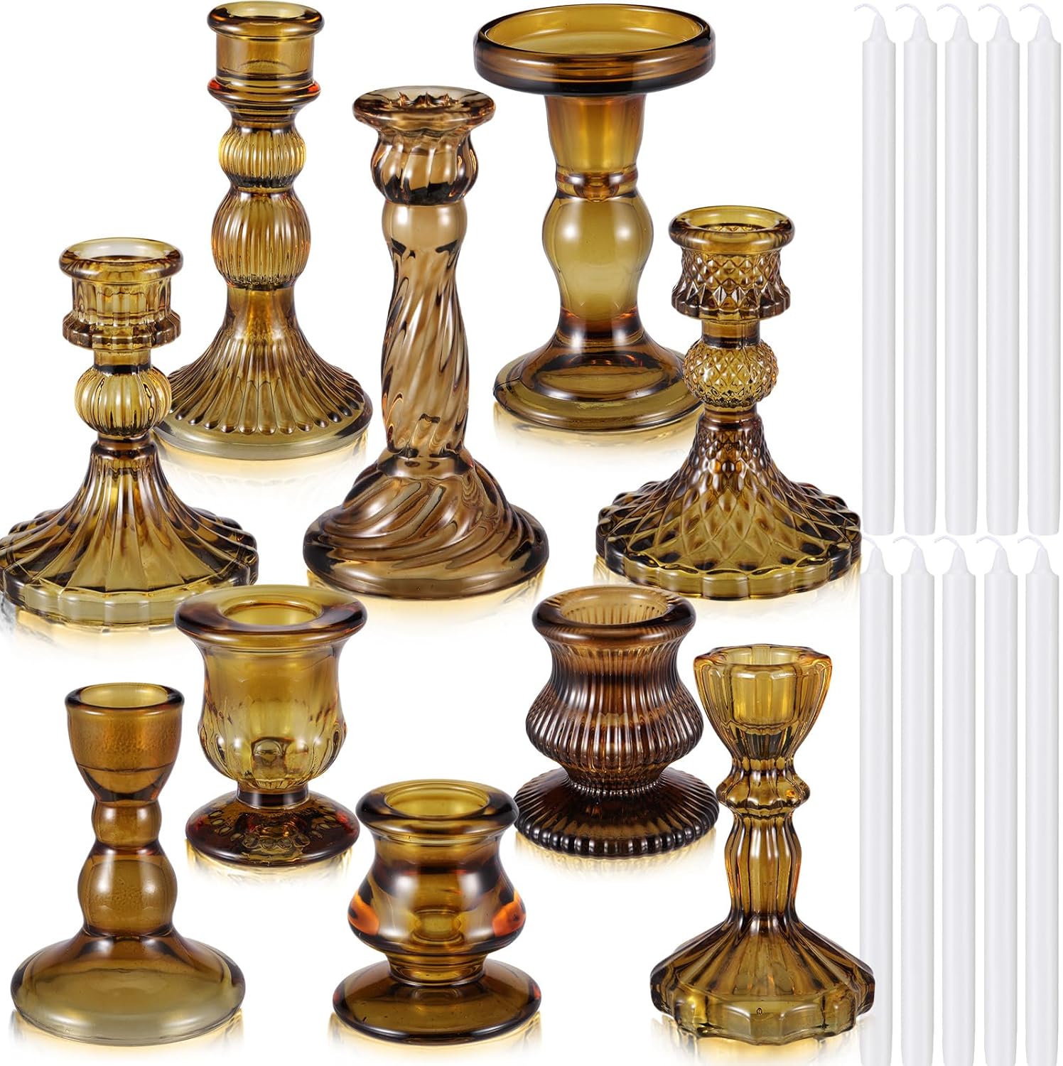 Mumufy 10 Sets Glass Crystal Taper Candle Holders Stand Centerpiece Bulk with 10 in Taper Candles Sticks Clear Decorations Table Wedding Dining Party (Gold)