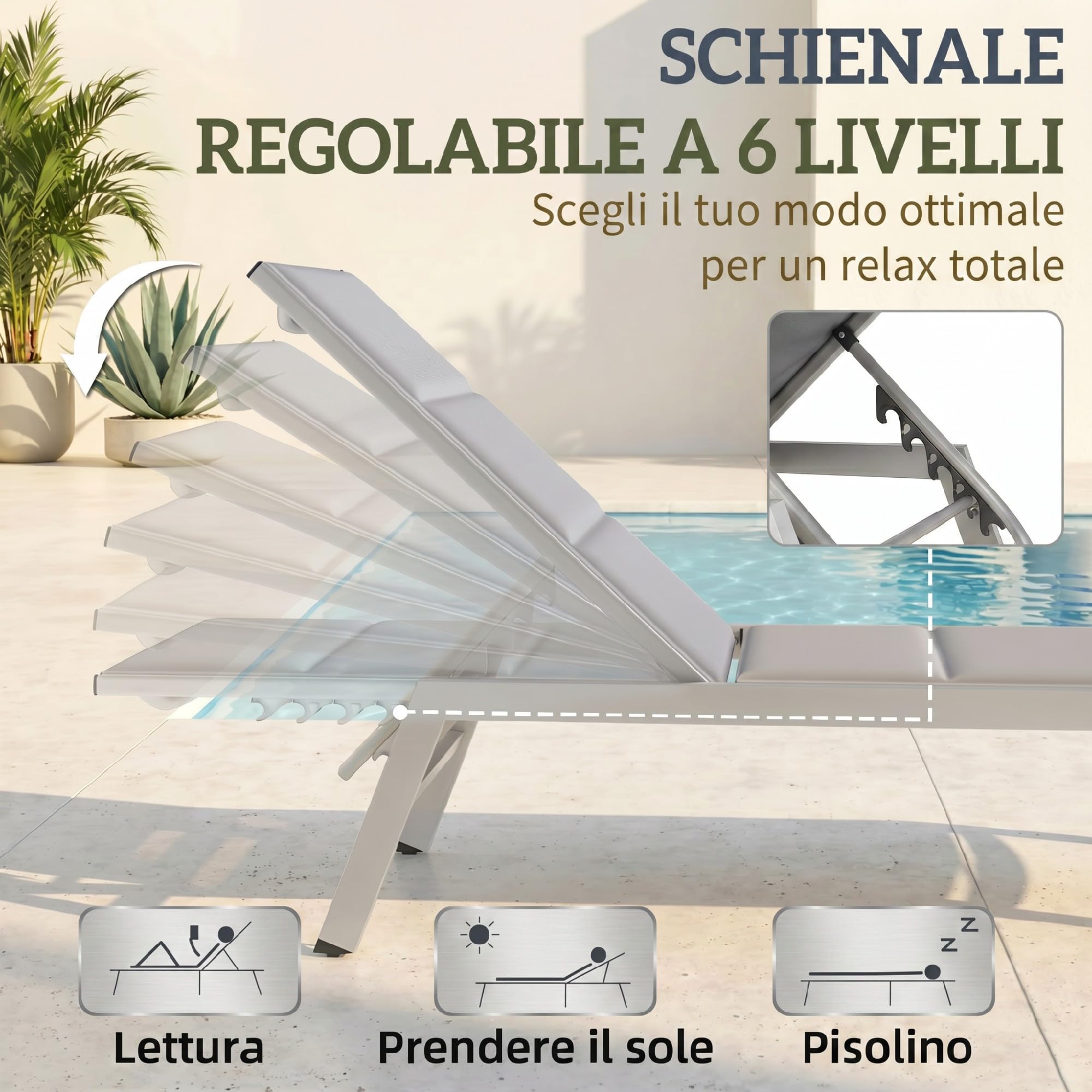 Outsunny Lettino Prendisole da Giardino Seduta Imbottita Grigio Chiaro | Schienale con 6 Posizioni Regolabili, Sdraio da Giardino in Texteline, Telaio in Alluminio Leggero, per Terrazzo Piscina