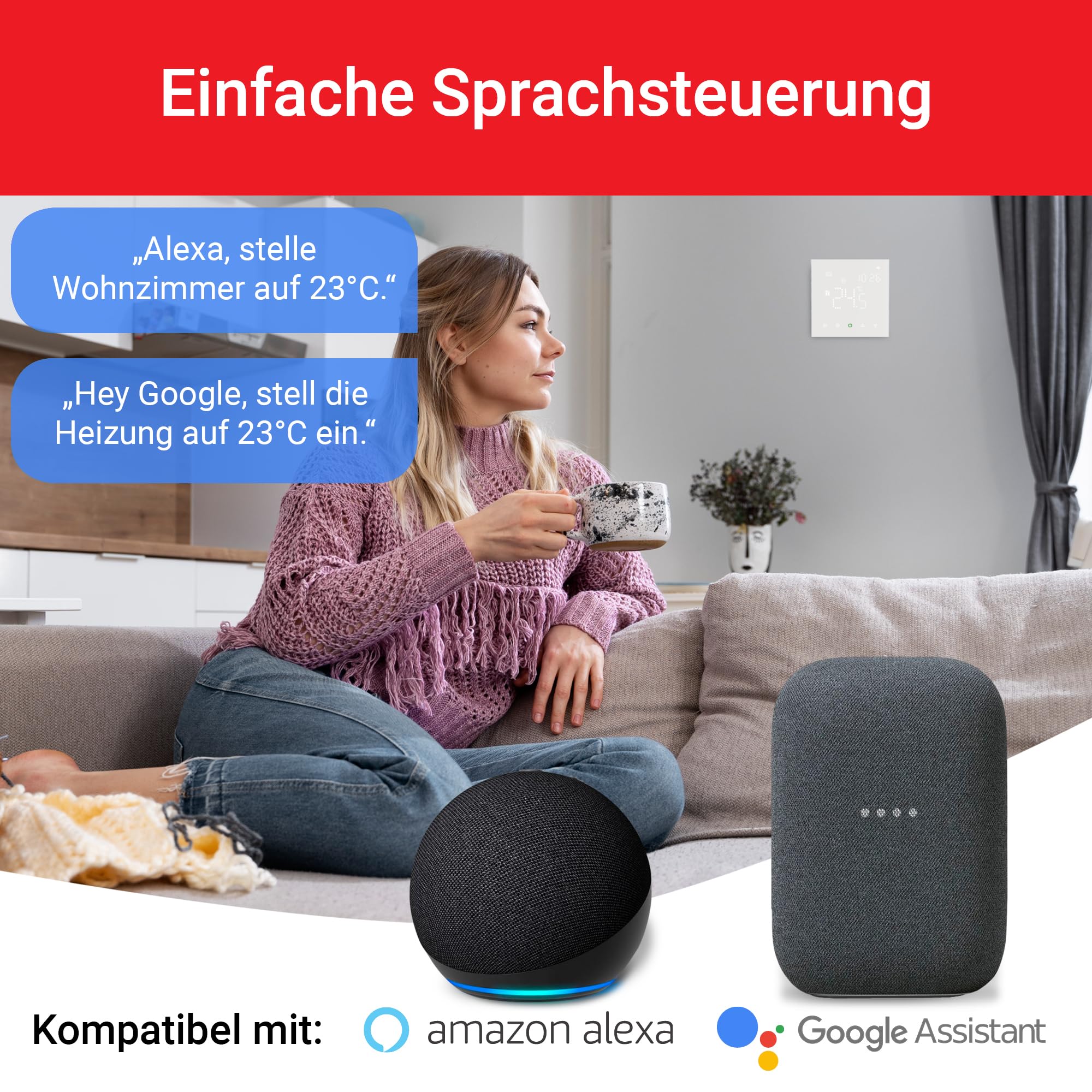 Elektrobock PT741W-EI Raumthermostat mit WiFi | Smartes Thermostat für Fußbodenheizung & Elektroheizung | 6 Programme/Tag | Geofencing & Fenster-Offen-Erkennung | 230V, 16A, Weiß
