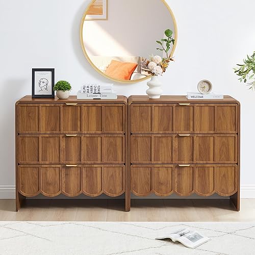 3 Drawer Dresser for Bedroom Set of 2, Modern Closet Chest of Drawers with Wave Fluted Drawer, Wood Storage Small Dresser Organizer for Nursery Bedroom Living Room Hallway Closet (Walnut)