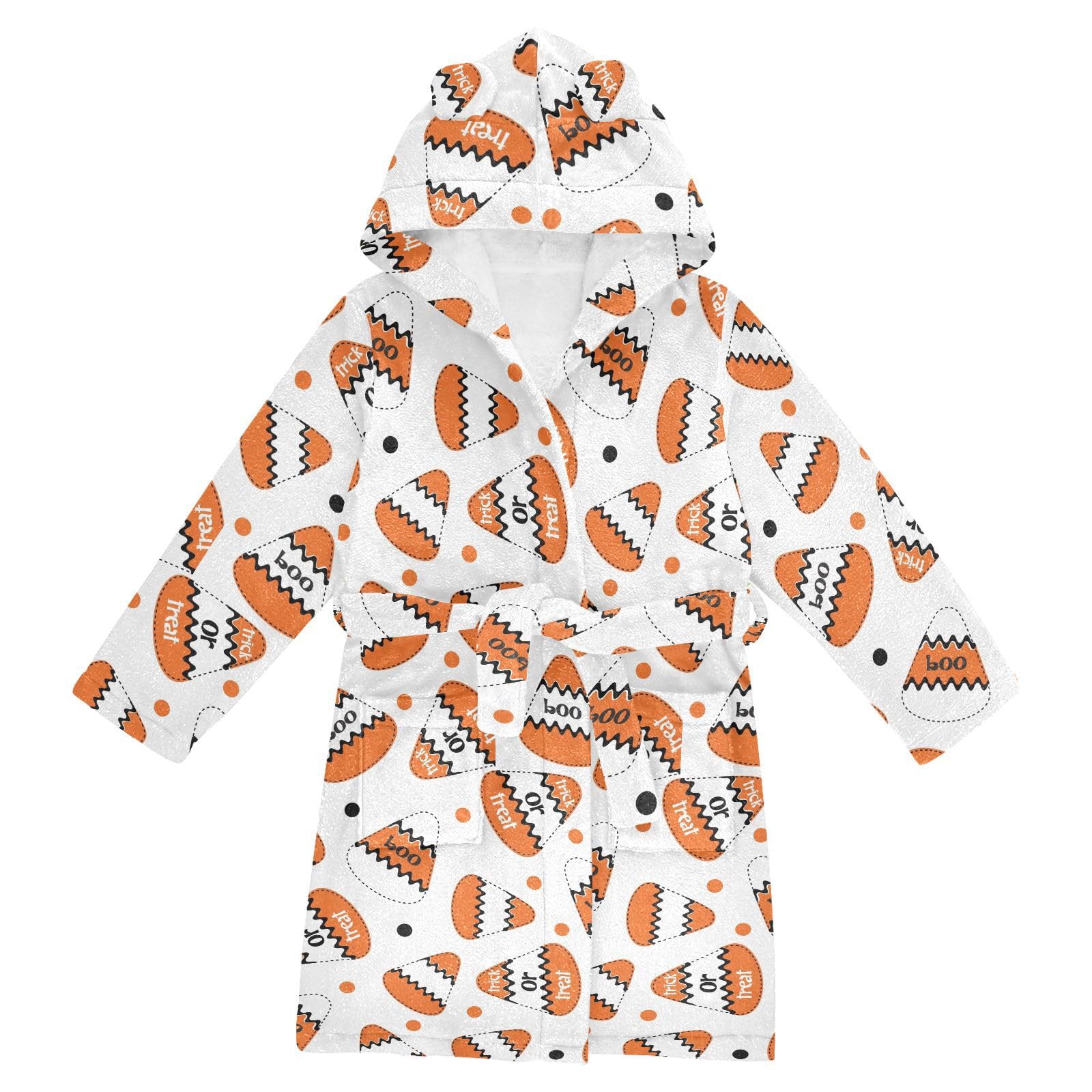 WIFIU Toddler Baby Hooded Bathrobe for Boys Girls Halloween Candy Corn Boo Printed, Soft Plush Bath Towel Robe with 2 Pockets Trick Or Treat for 10-12 Years
