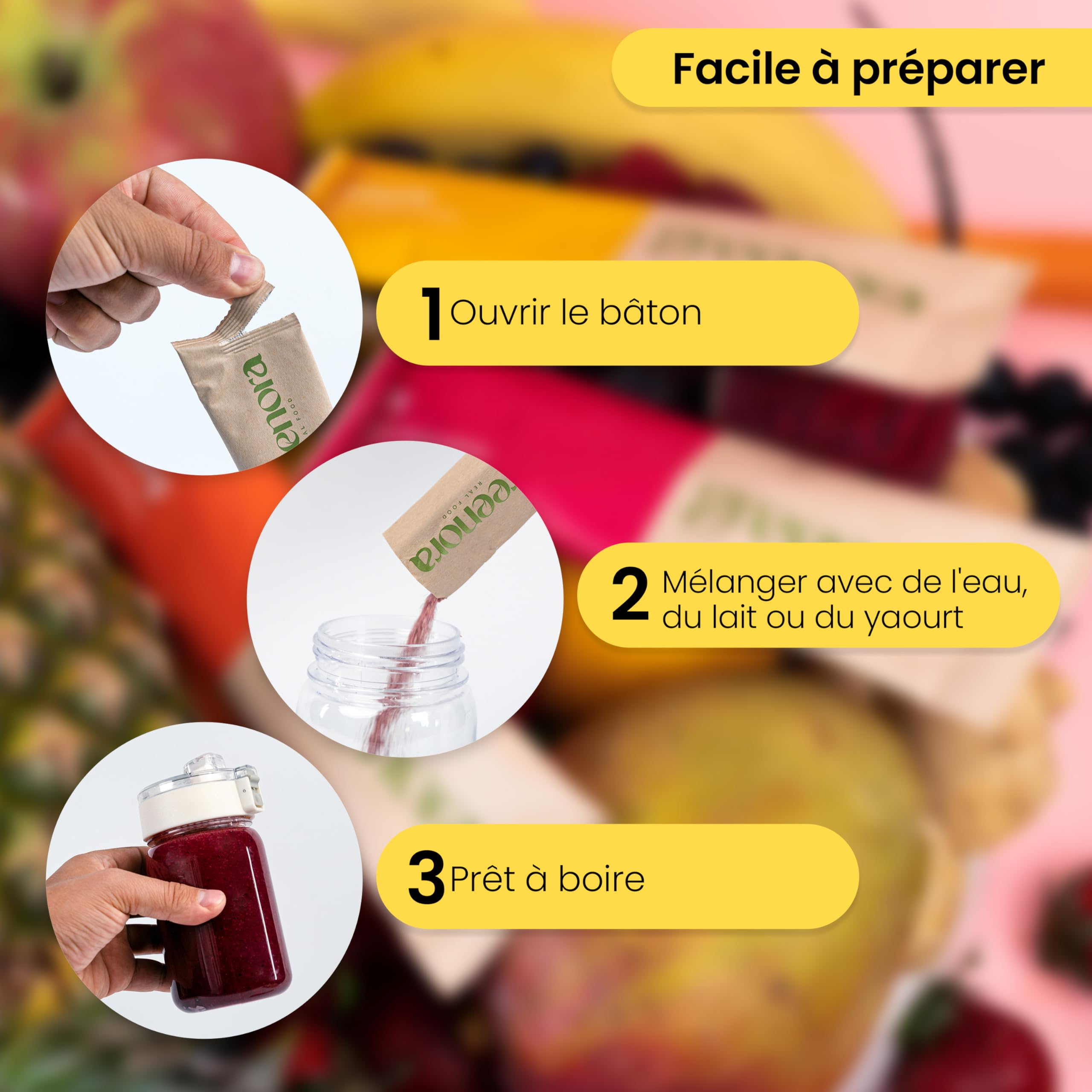 GREENORA Shaker + Smoothie Bowl Fruits Lyophilisés Poudre 100% Naturel. Banane Pêche Datte Myrtilles Betterave Framboise. Séchée Déshydratée. 4x24g