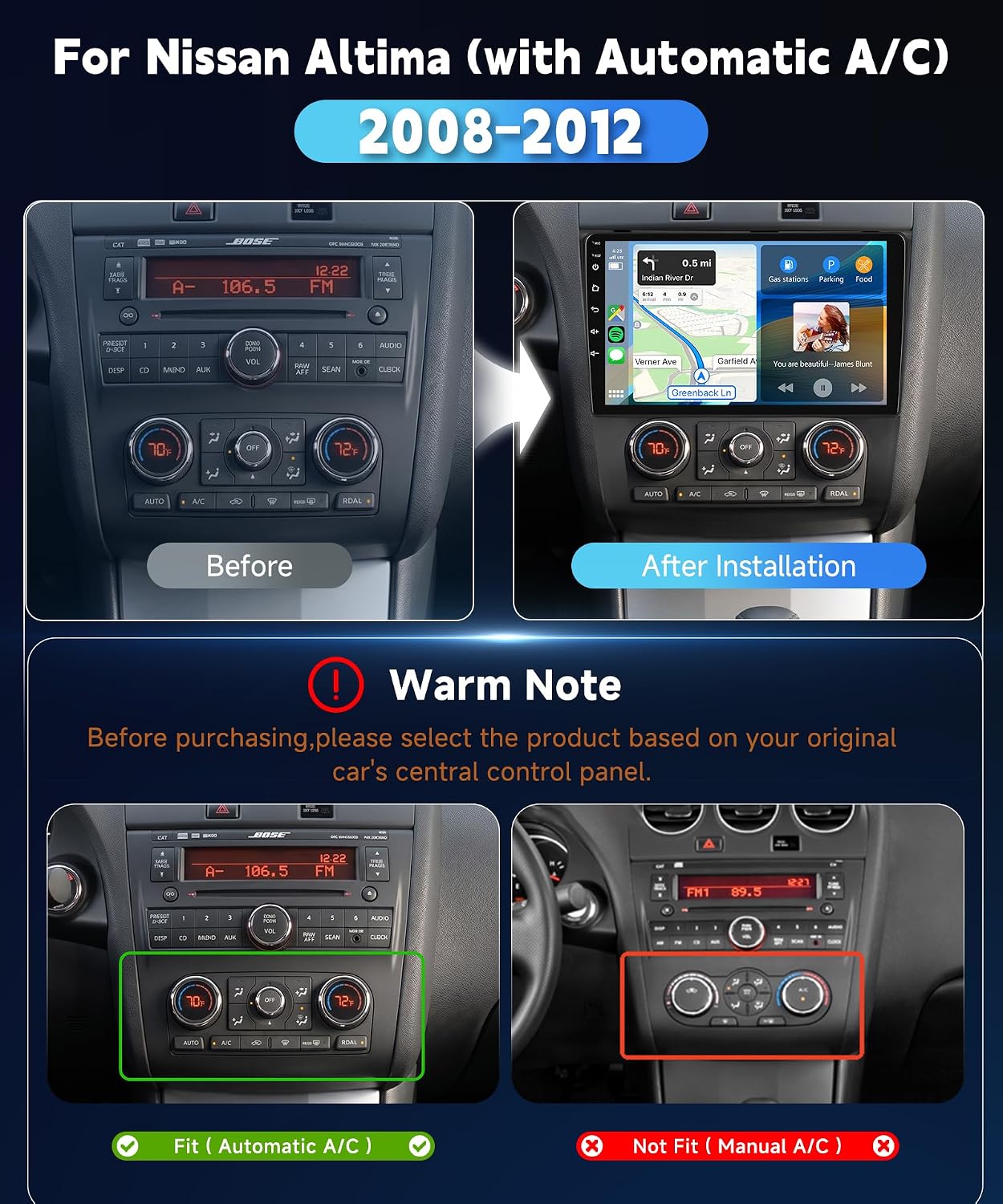 5G WiFi 9 Inch Car Stereo for Nissan Altima 2008 2009 2010 2011 2012 Auto A/C Only Wireless CarPlay Android Auto HD Touch Screen Android Car Radio Bluetooth GPS 1080P Backup Camera FM/SWC
