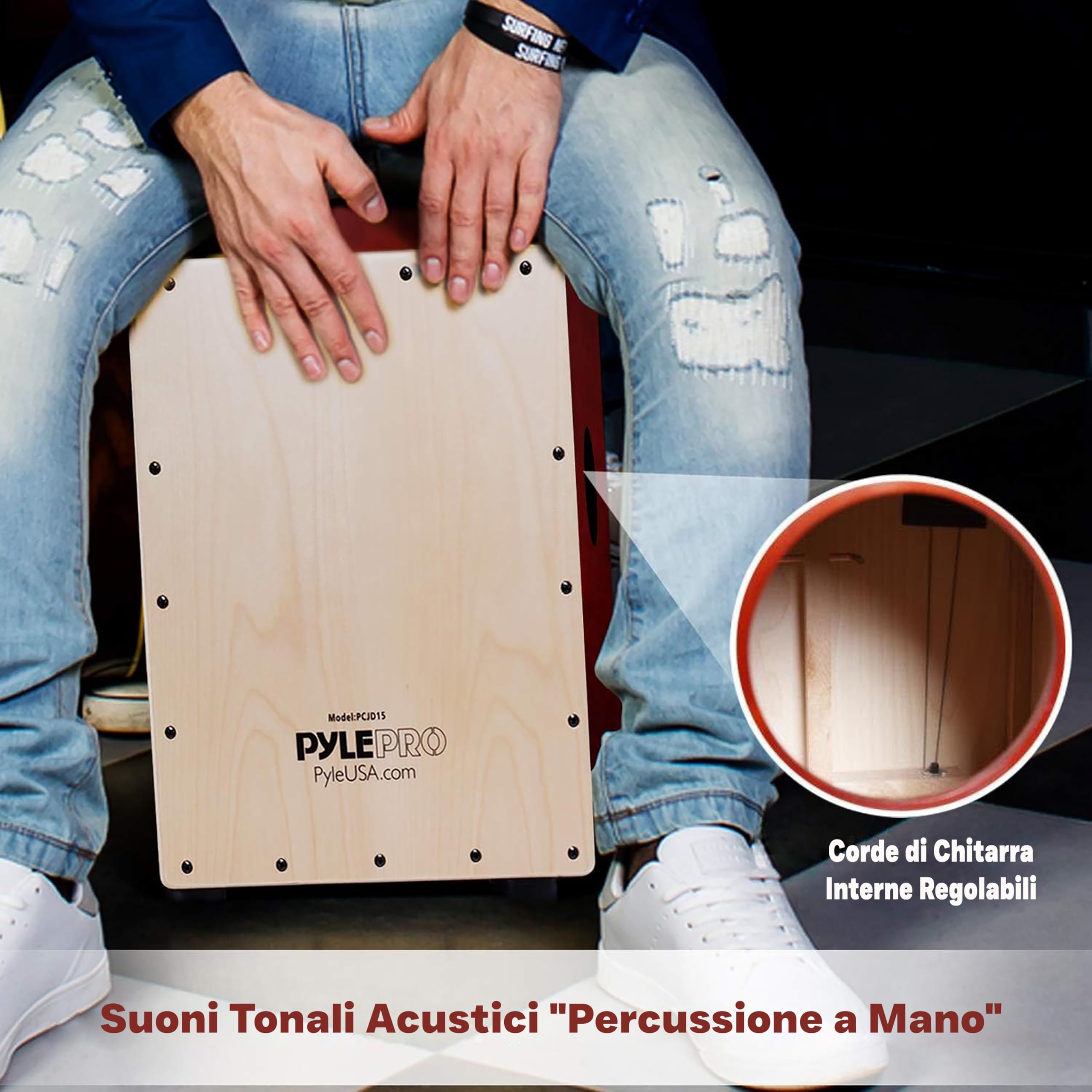 Pyle Cajon Strumento Musicale in Betulla Compatto, Percussione in Legno con Corde Interne, Suono Profondo, per Bambini e Adulti