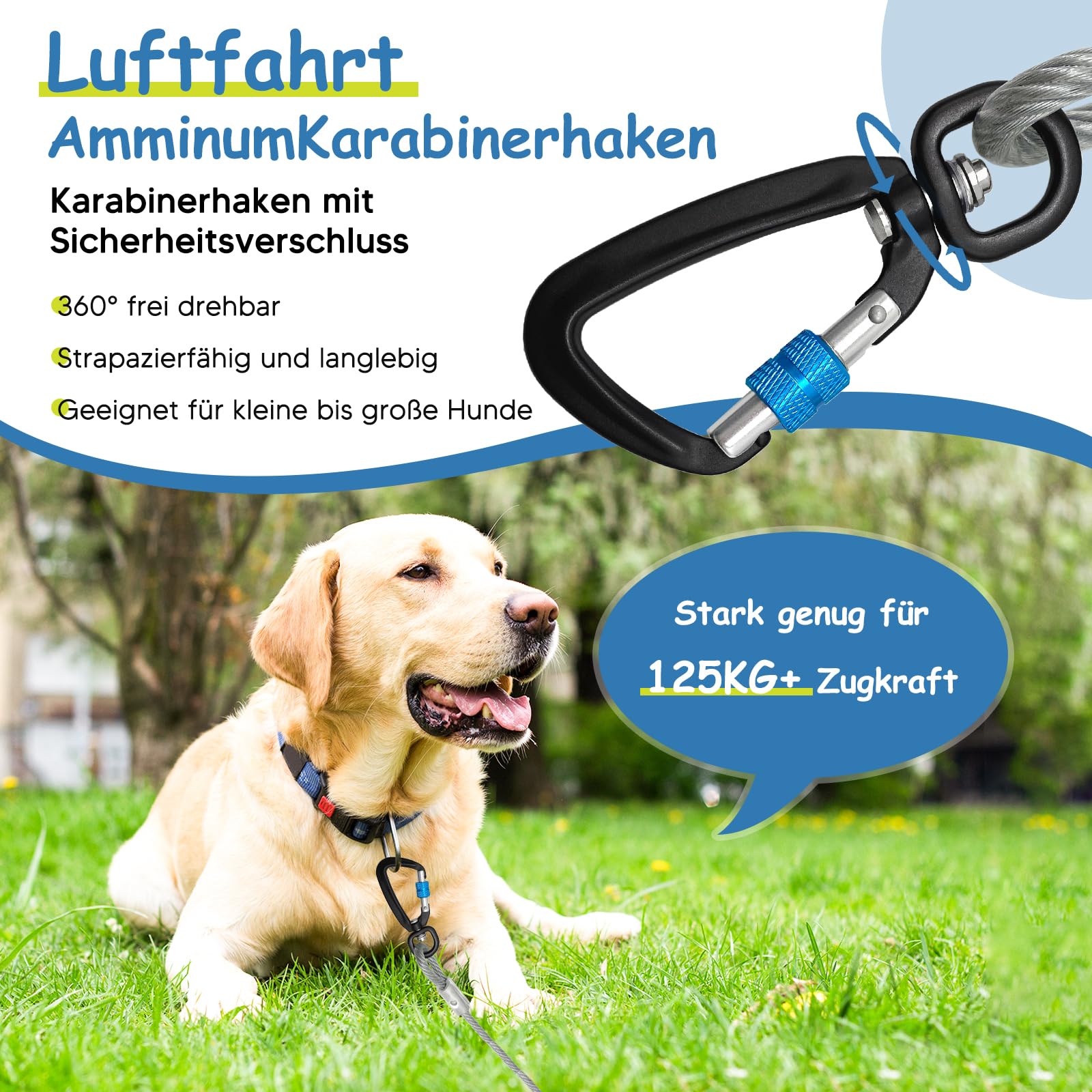 Hofleine für große Hunde,Tie Out Cables Leinen Hofleine für Hunde, stoßdämpfender Feder,langlebiger und Leichter Drehhaken für Hof und Camp,rostfreie Pet Leine für mittlere bis große Hunde,9 Meter