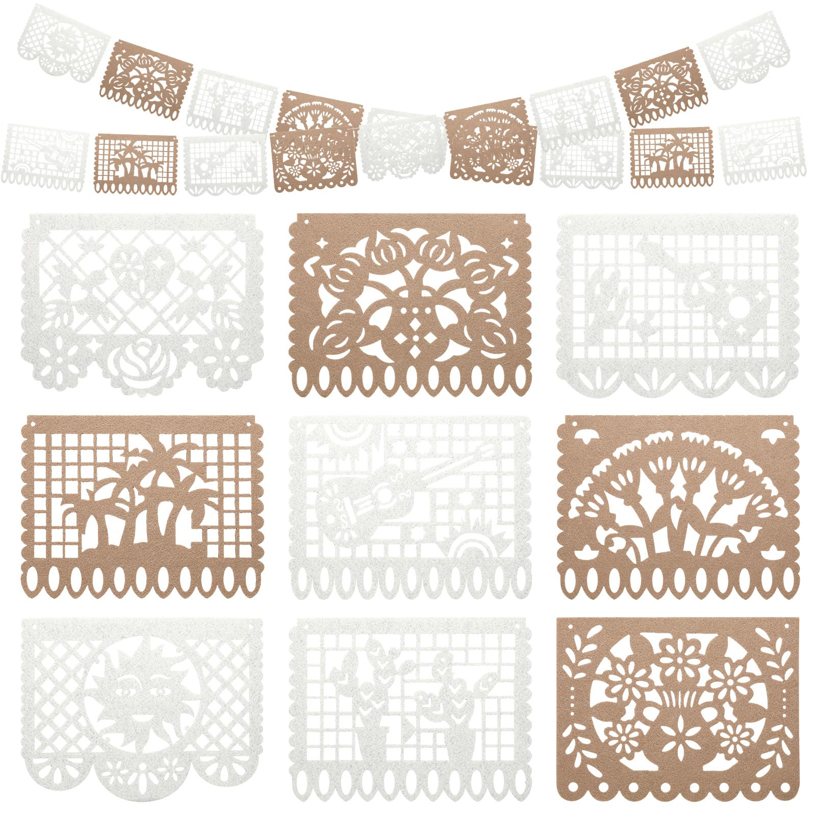 Photo 1 of 4 Pcs Mexican Party Banner, 40 Feet Felt White Brown Papel Picado Banner, Mexican Cinco De Mayo Decorations Hanging Garlands Fiesta Birthday Cielito Lindo Baby Shower Party Decorations(4 Pcs,Stylish)
