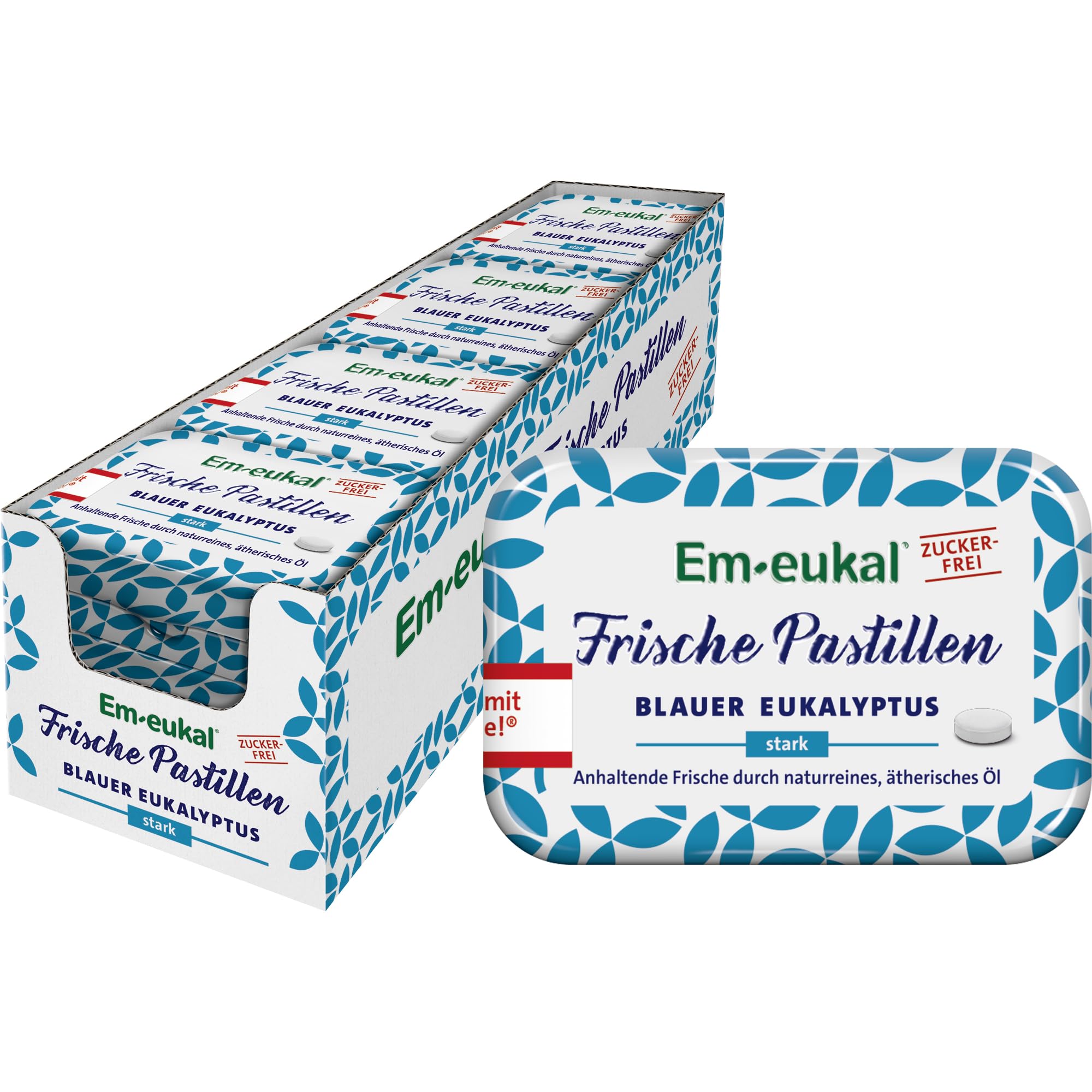 Em-eukal Frische Pastillen Blauer Eukalyptus, Zuckerfrei, Anhaltende Frische durch naturreines & ätherisches Öl, 12x20 g