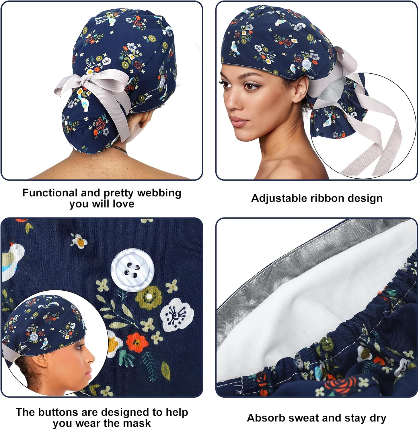 6 Pcs Satin Lined Scrub Caps Women Nurse Surgical Hat with Buttons Ponytail Working Adjustable Shower Caps Tie Back - Image 3
