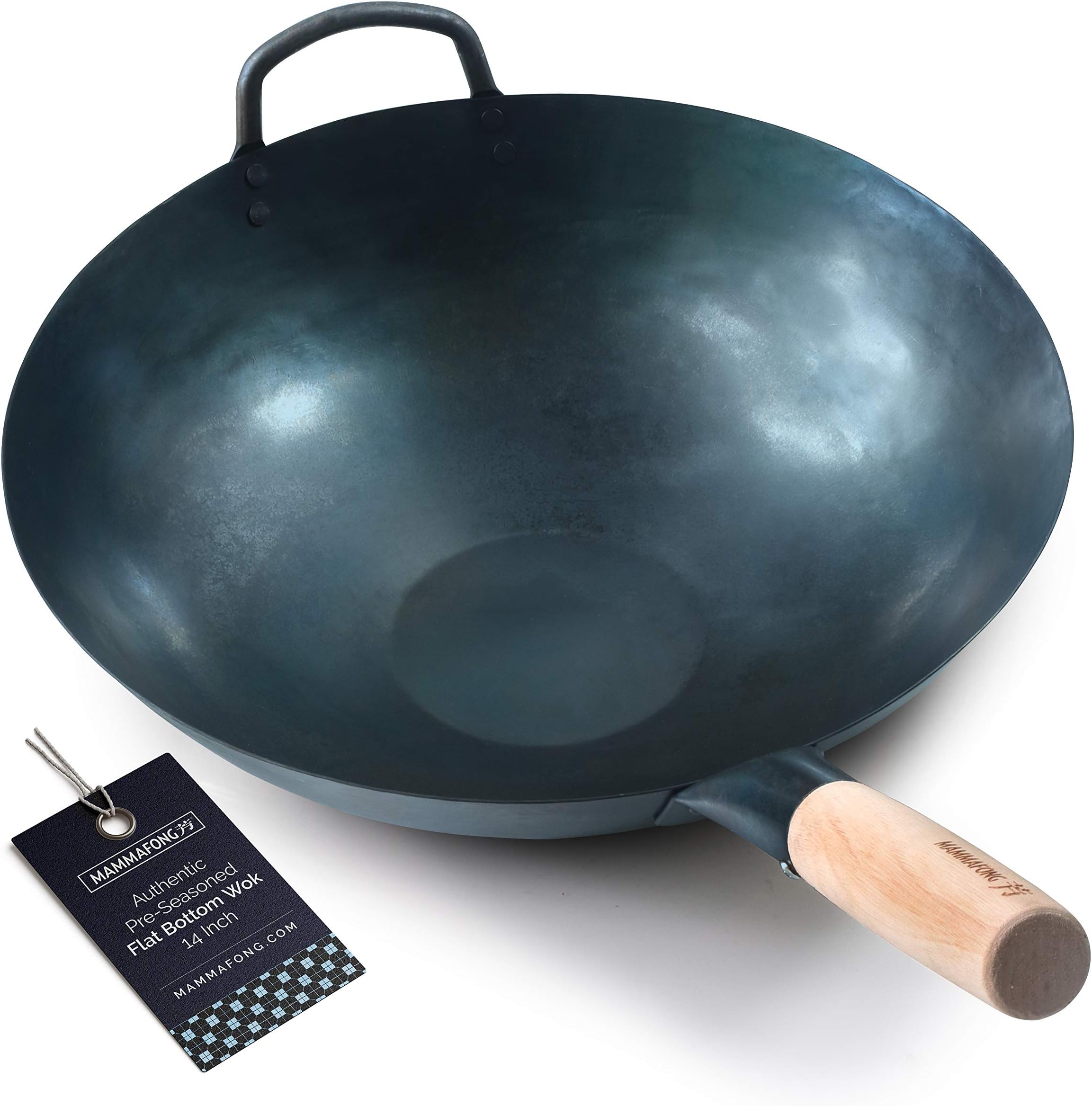Pre Seasoned Blue Carbon Steel Flat Bottom Wok -14 Inch Chinese Pow Wok - Traditionally Hand Hammered Woks and Stir Fry Pans