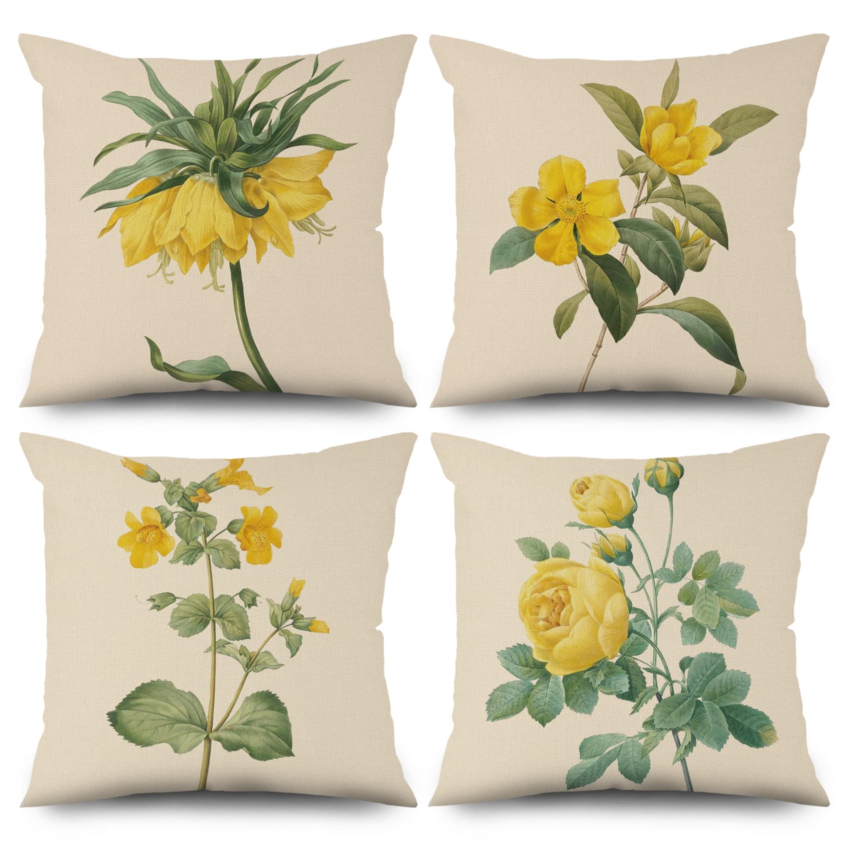 ASDCXZ Flower Pillow Cover Set, 45x45 cm, 4pcs, Fresh Yellow & Beige, Washable Polyester Flax Textile, Outdoor Upholstery โ image 1