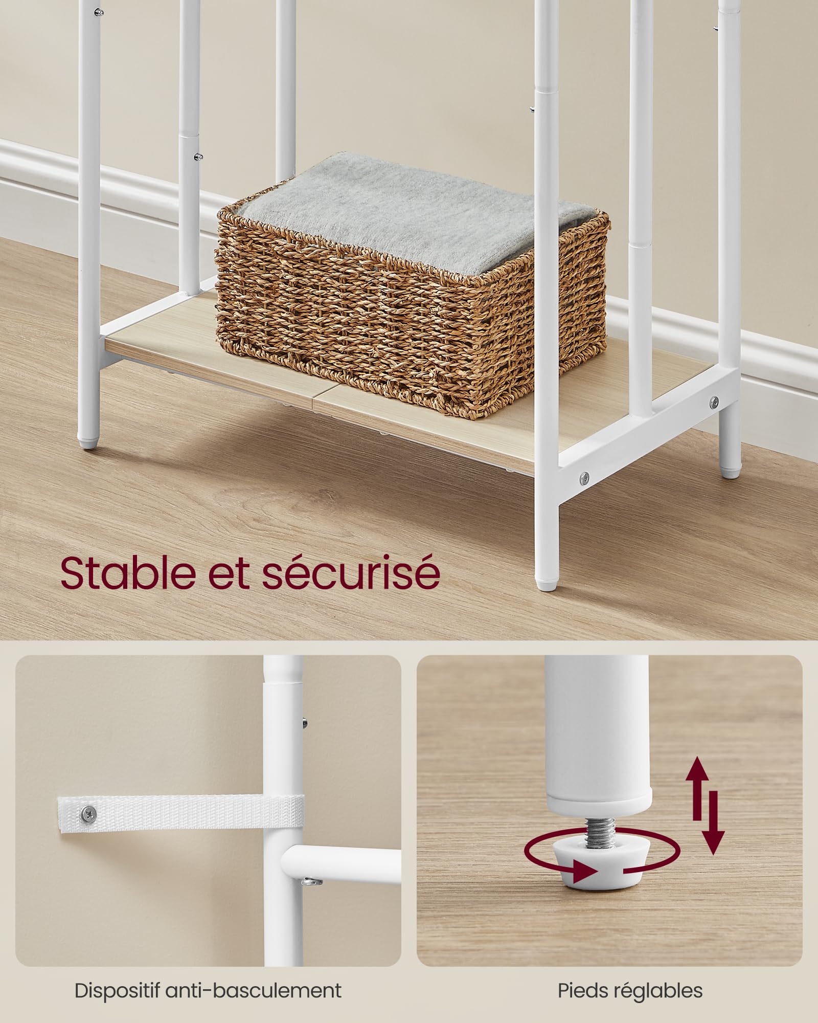 VASAGLE Porte Serviette Salle de Bain, Range Serviette, sur Pied, 3 Barres, 50 x 30 x 100 cm, 2 Crochets, Étagère de Rangement, Blanc Mat et Beige Naturel LLS009W01