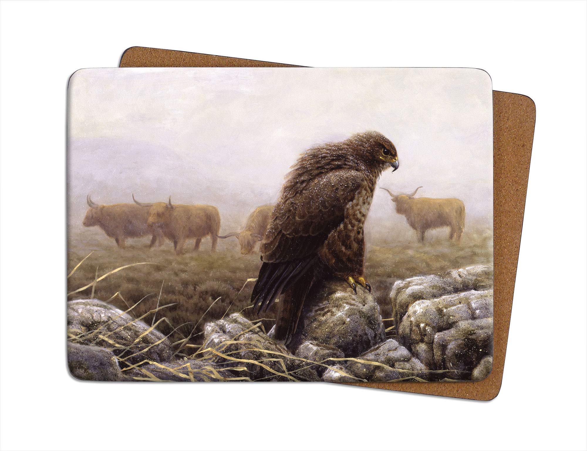 Julian Friers Buzzard and Highland Cattle Large Table Mat by Wildlife Artist Non-slip - Cork-backed Placemat