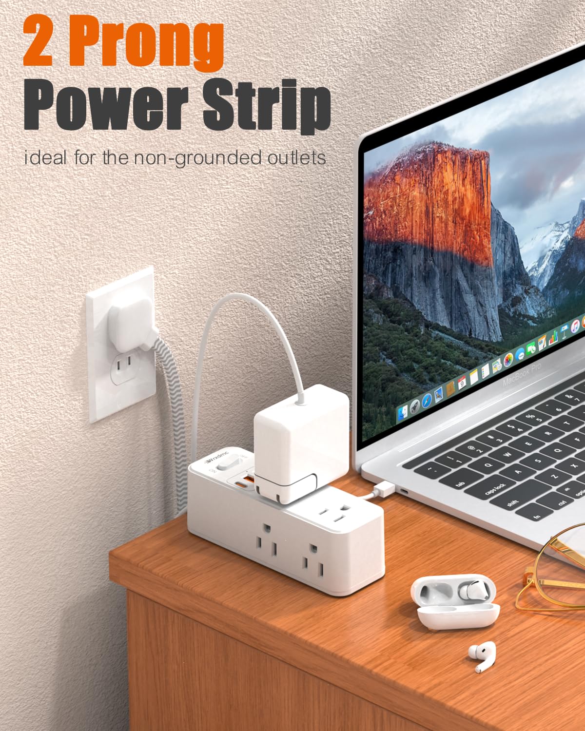 WRXDMC - Regleta de alimentación de 2 clavijas a 3 clavijas, adaptador de salida de 1400J de dos clavijas, cable de extensión de 10 pies, 6 salidas de CA con 1 puerto USB C y 2 puertos USB A, montaje