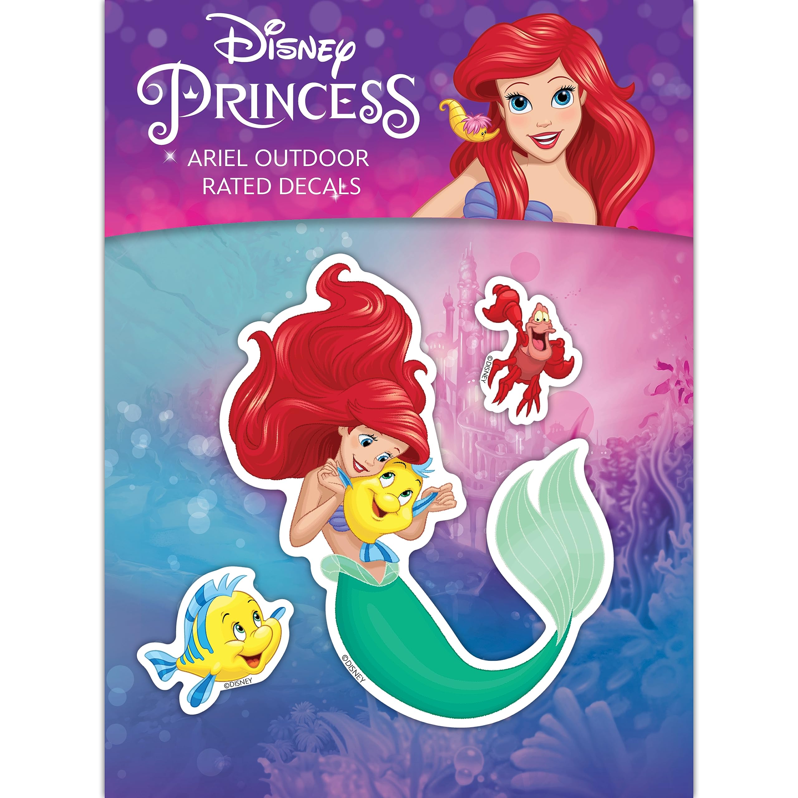 Disney Princess The Little Mermaid Decals - Set of 3 Vinyl Stickers for Car Water Bottle Laptop Skateboard Bike Helmet Ariel Flounder Sebastian