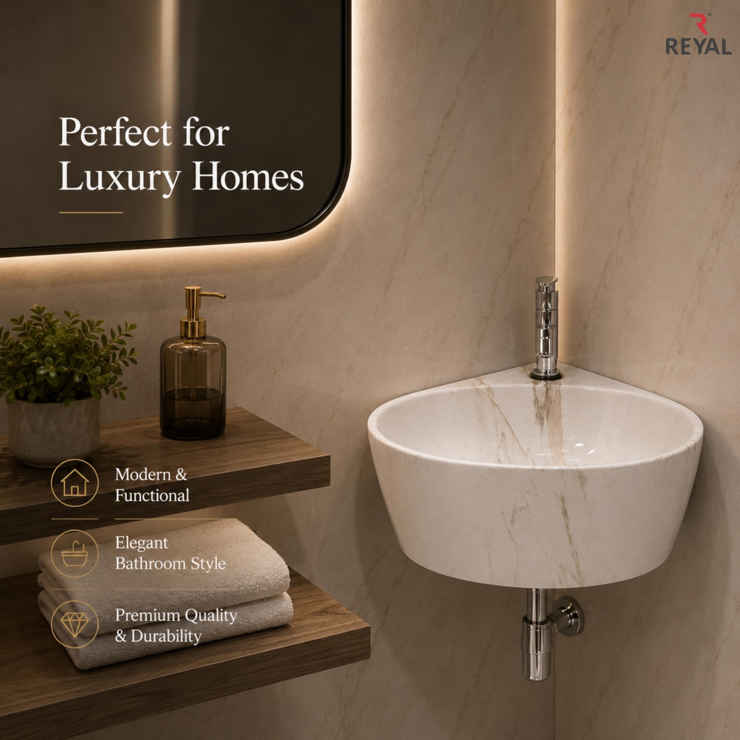 Reyal Corner Sink - Space-Saving Ceramic Wash Basin -7 Reyal Corner Sink - Space-Saving Ceramic Wash Basin -7