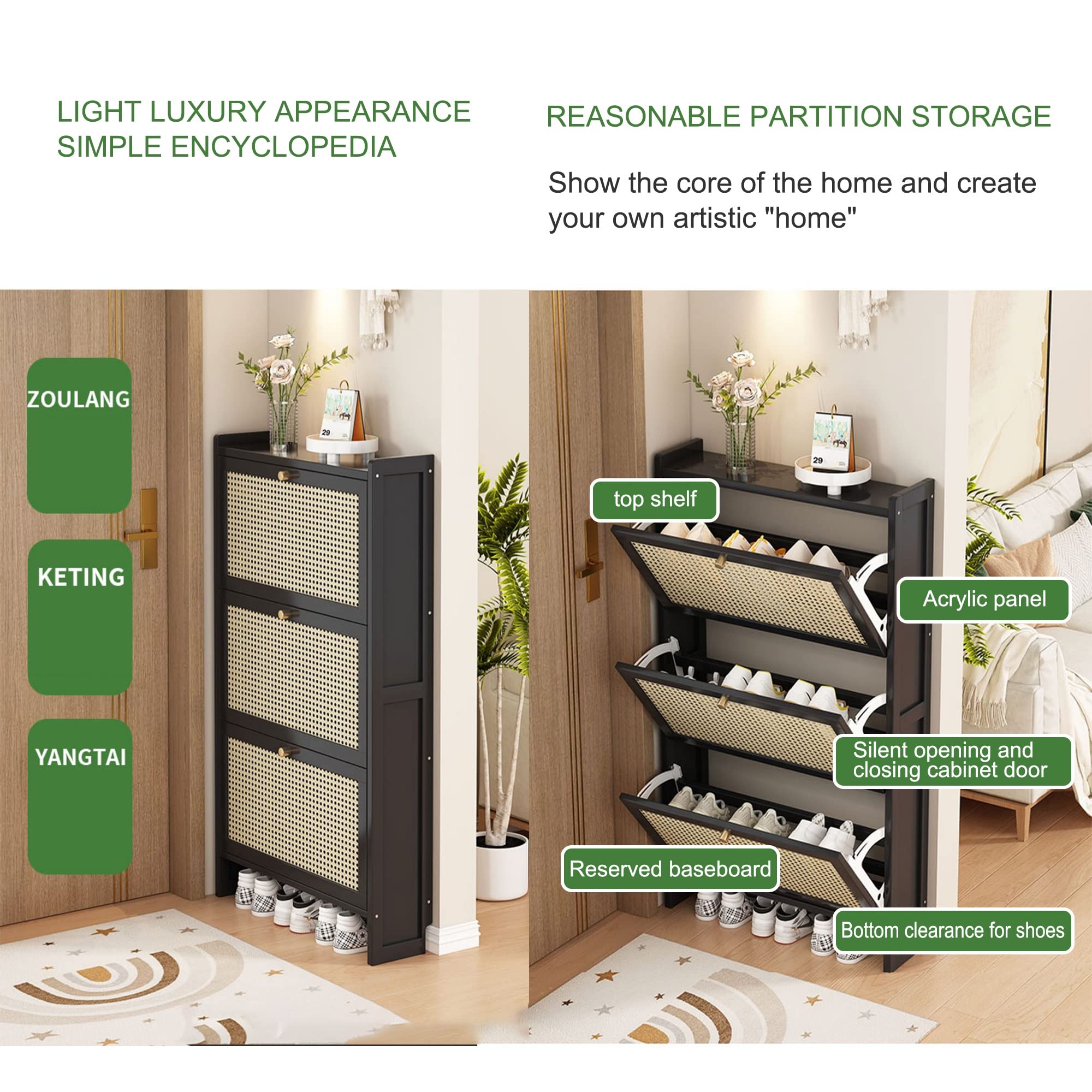 Rotan Schoenenkast, Schoenenkast Met Flip Deuren, Schoen Opberg Organisator Kabinet, Schoen Organiser Stand Rack Voor Ingang, Slaapkamer, Woonkamer, Zwart
