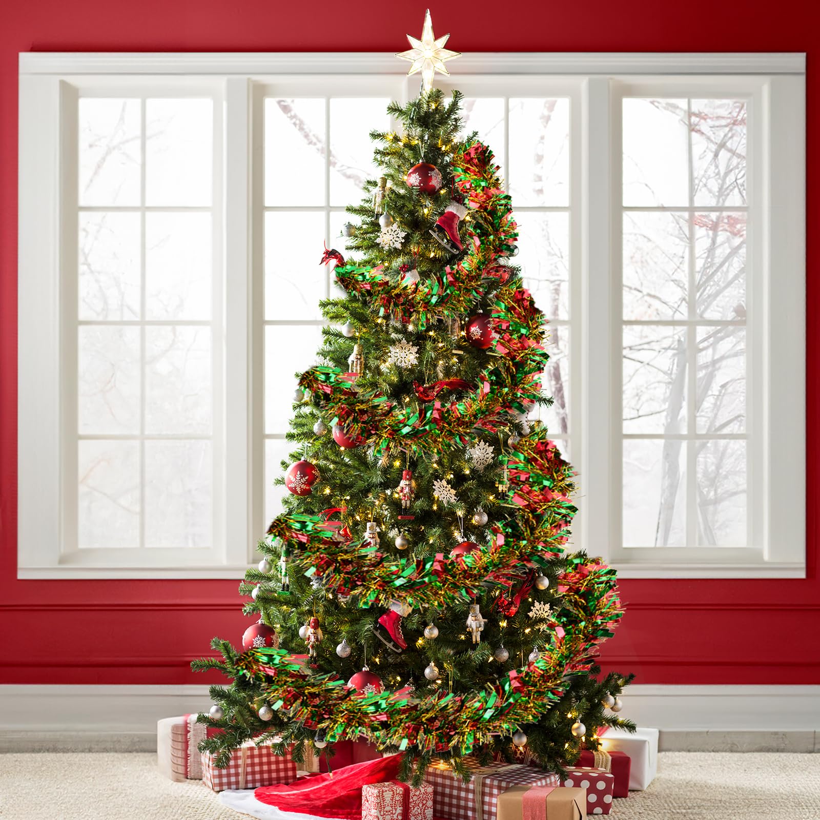KINGLAKE Christmas Tinsel Garland, 10M x 9CM Red Green Gold Xmas Shiny Decoration - Image 4