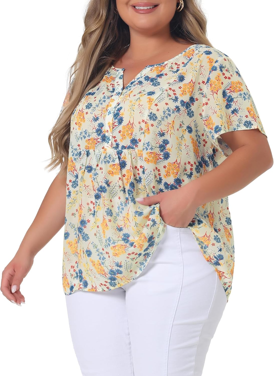 Agnes Orinda Plus Size Women's Summer Tops Floral Half Placket Short Sleeve Casual Blouses - Image 2