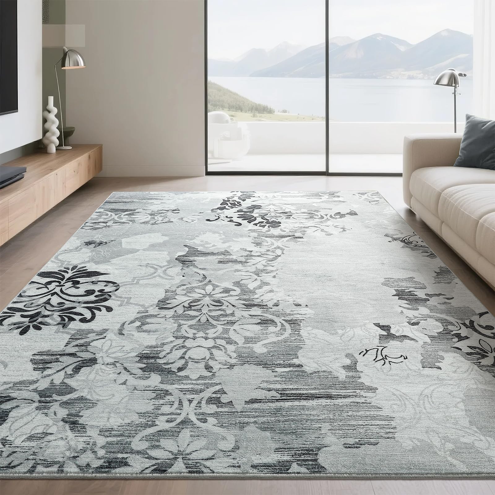 Przemy Washable Area Rugs for Living Room, 4x6 Rug for Bedroom, Vintage Non Slip Carpet for Dorm Hallway Dining Room Nursery Office Playroom, Grey and