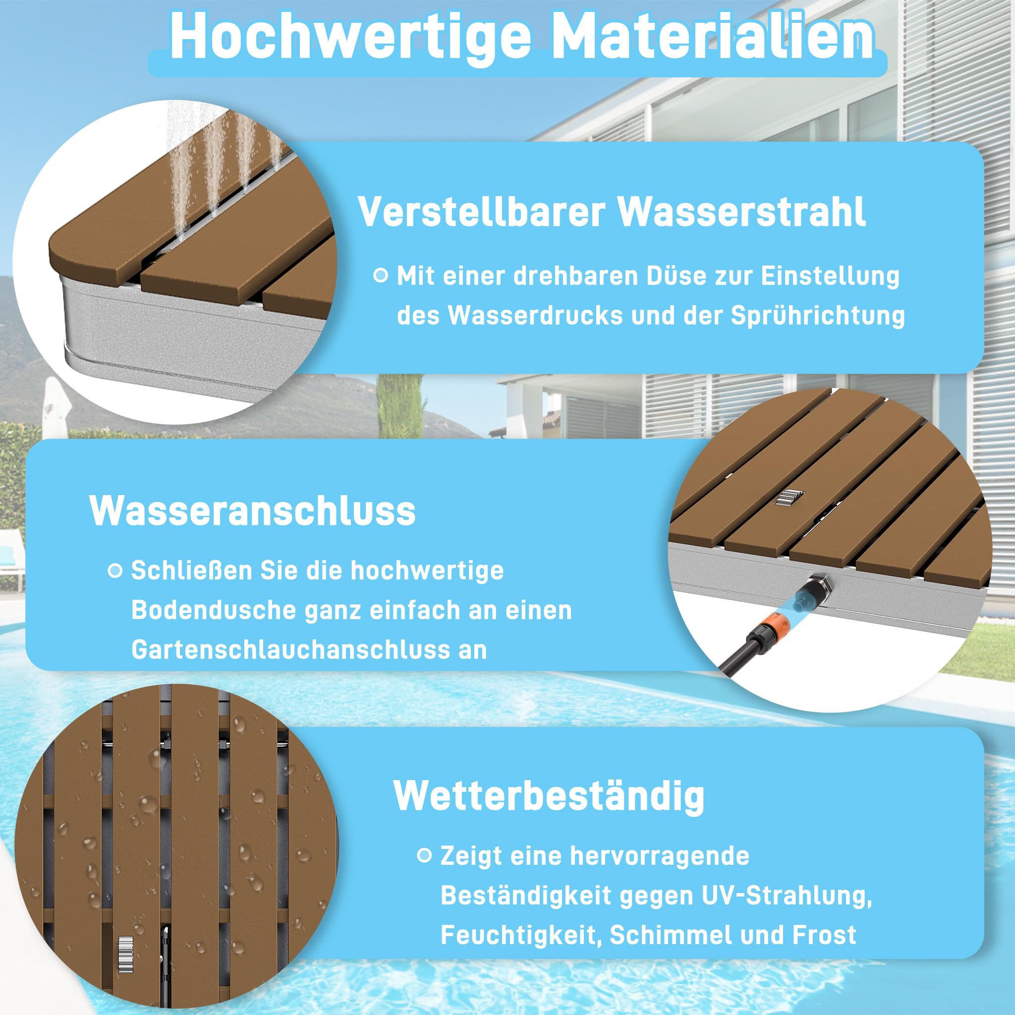 Froadp Gartendusche Campingdusche Aluminium & WPC Bodendusche Holzfarbe Saunadusche mit rutschfeste Standfläche 55x70cm Wetterfest Holzoptik Außendusche für Standard-Gartenschläuche (Rechteckig)