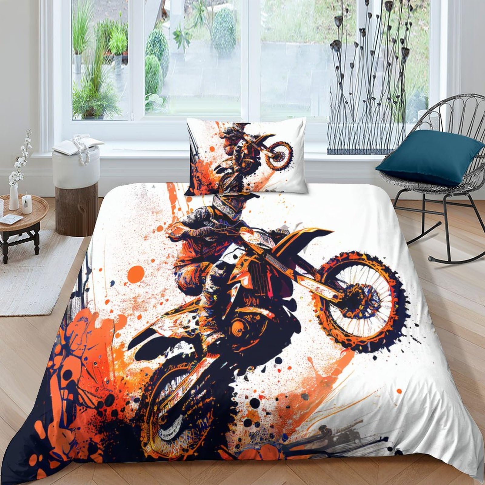 AYSUM Motocross Race Luxe Bedding Set Hidden Zipper Motorbike Race Duvet Cover Set with Pillowcases Quilt Cover SetSoft Microfiber Comforter Cover Various Sizes for Kids Adults Single（135x200cm）