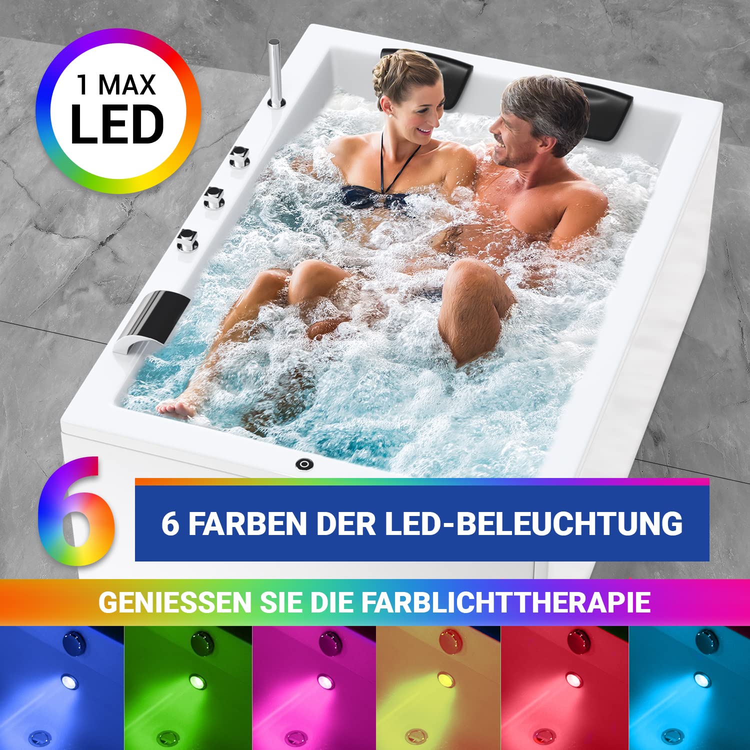 AQUADE Jacuzzi 2 Person Whirlpool Badewanne Air Relax 180x130 mit LED Whirlpool Beleuchtung & Badekissen für Badewanne Whirlpool 2 Personen/Whirlpool Badewannen Set