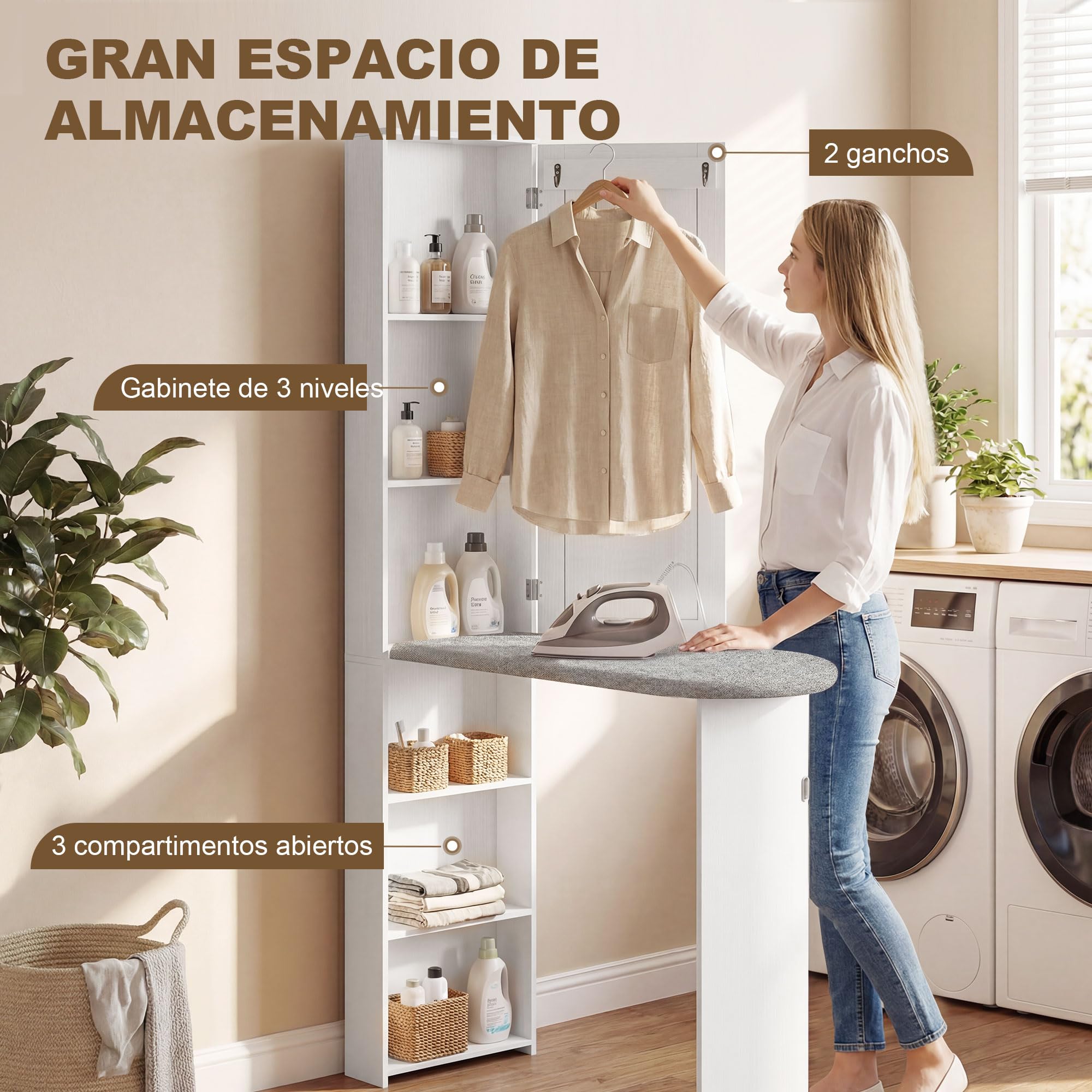 HOMCOM Mueble de Plancha con Espejo, Tabla de Planchar Plegable, Mueble Planchador con 6 Compartimentos, 2 Ganchos, para Espacios Reducidos, 107x35x174 cm, Blanco